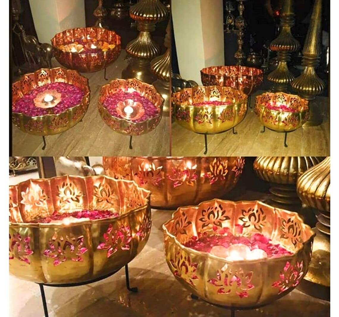 Iron Lotus Urli Pot - Floating Flower & Candle Holder Set of 13 Pieces (14/12/10 with Stand, 7 Votives, 3.5