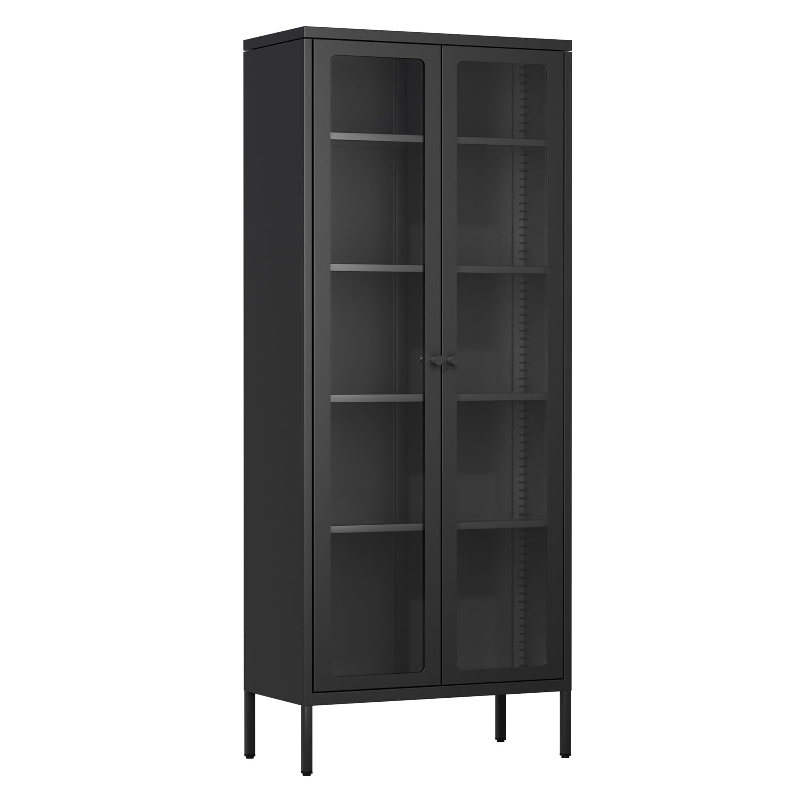Betterland Black Metal Storage Cabinet with 2 Glass Doors & 4 Shelves - Lockable Curio Display Cabinet for Home, Pantry, Kitchen - Perfect for Showcasing Collectibles, Storing Spices, or Organizing Kitchen Supplies
