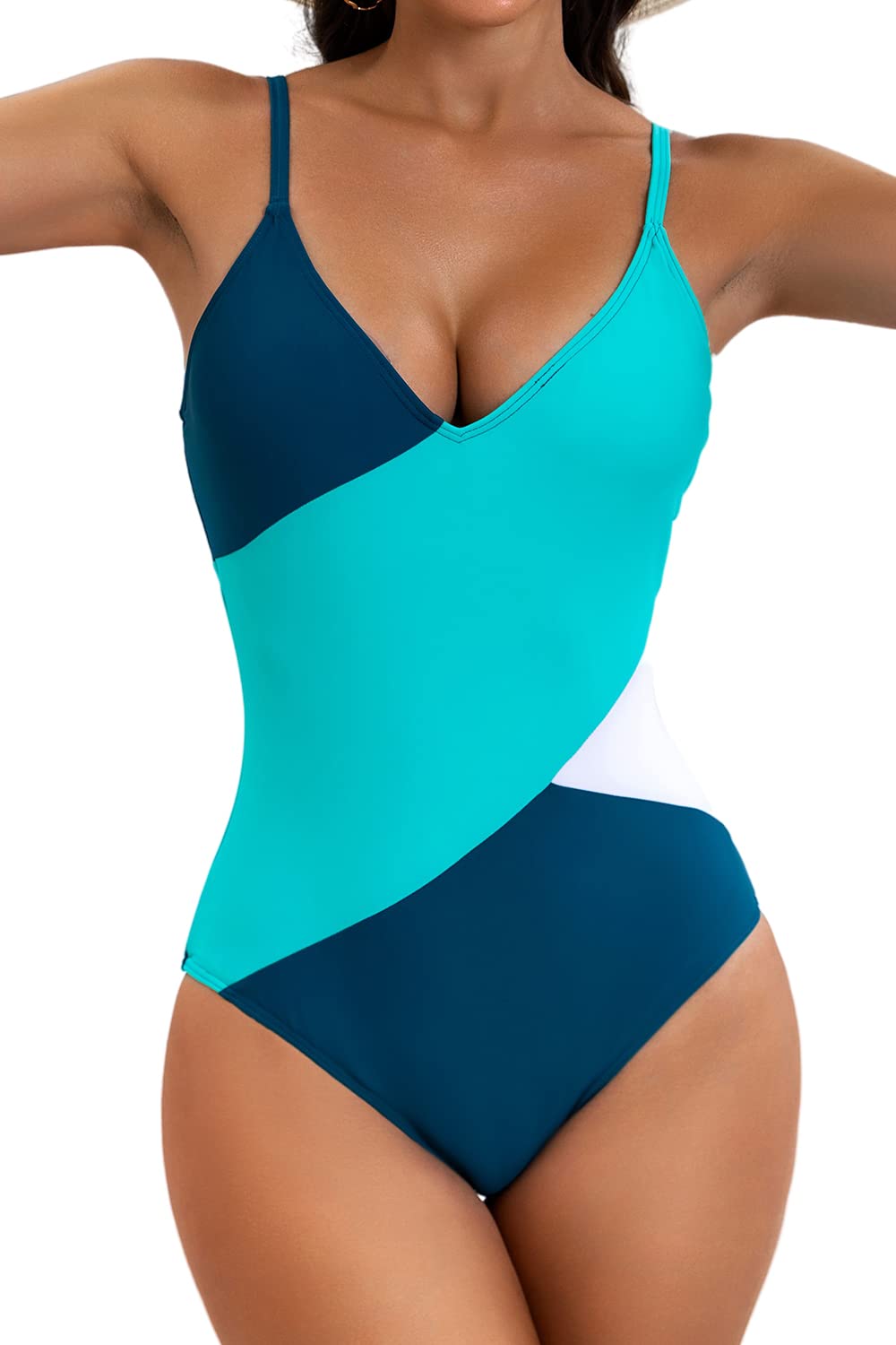 Eomenie Women's One Piece Swimsuit - Color Block V Neck Bathing Suit, Sexy Monokini Swimwear for Beach, Pool & Summer Vacations