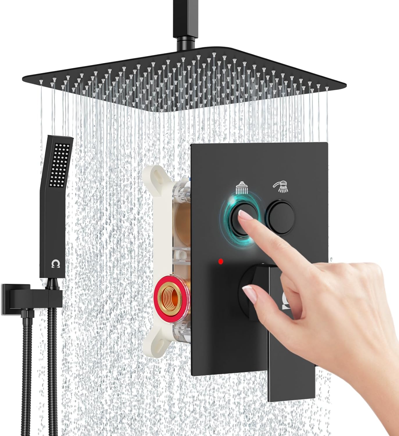 SR SUN RISE Luxury 10/12 Inch Ceiling Mounted Rain Shower System - High Pressure Shower Head with Handheld Spray & Push Button Diverter - Complete Shower Faucet Combo Set with Rough in Valve - Perfect for Modern Bathrooms & Spa-Like Shower Experience