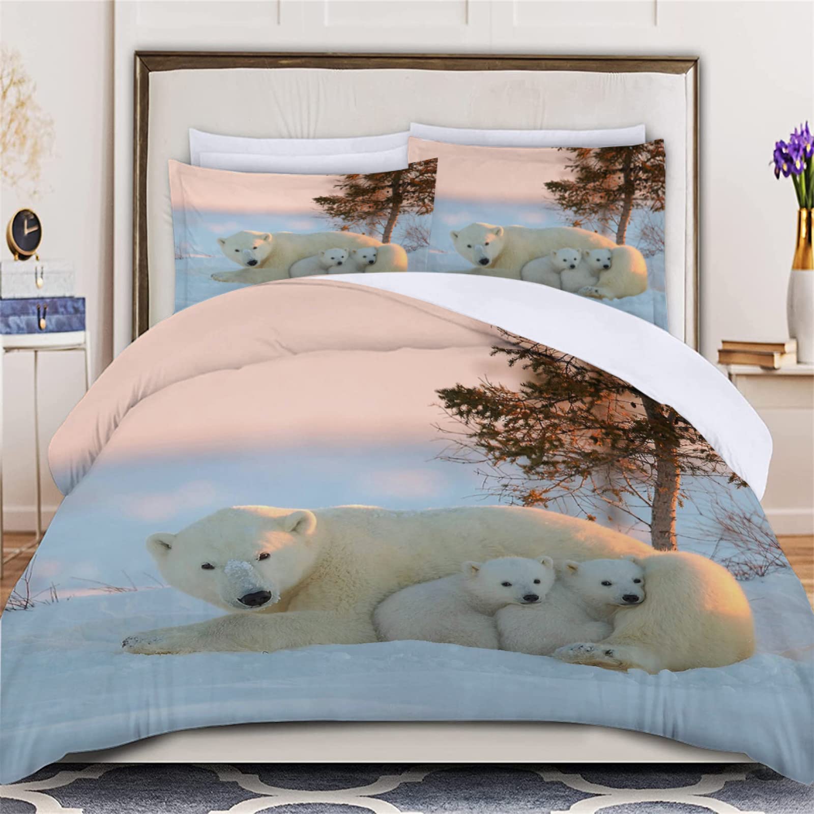 Queen Size White Bear Duvet Cover Set - 3D Soft Bedding for Cozy Room Decor