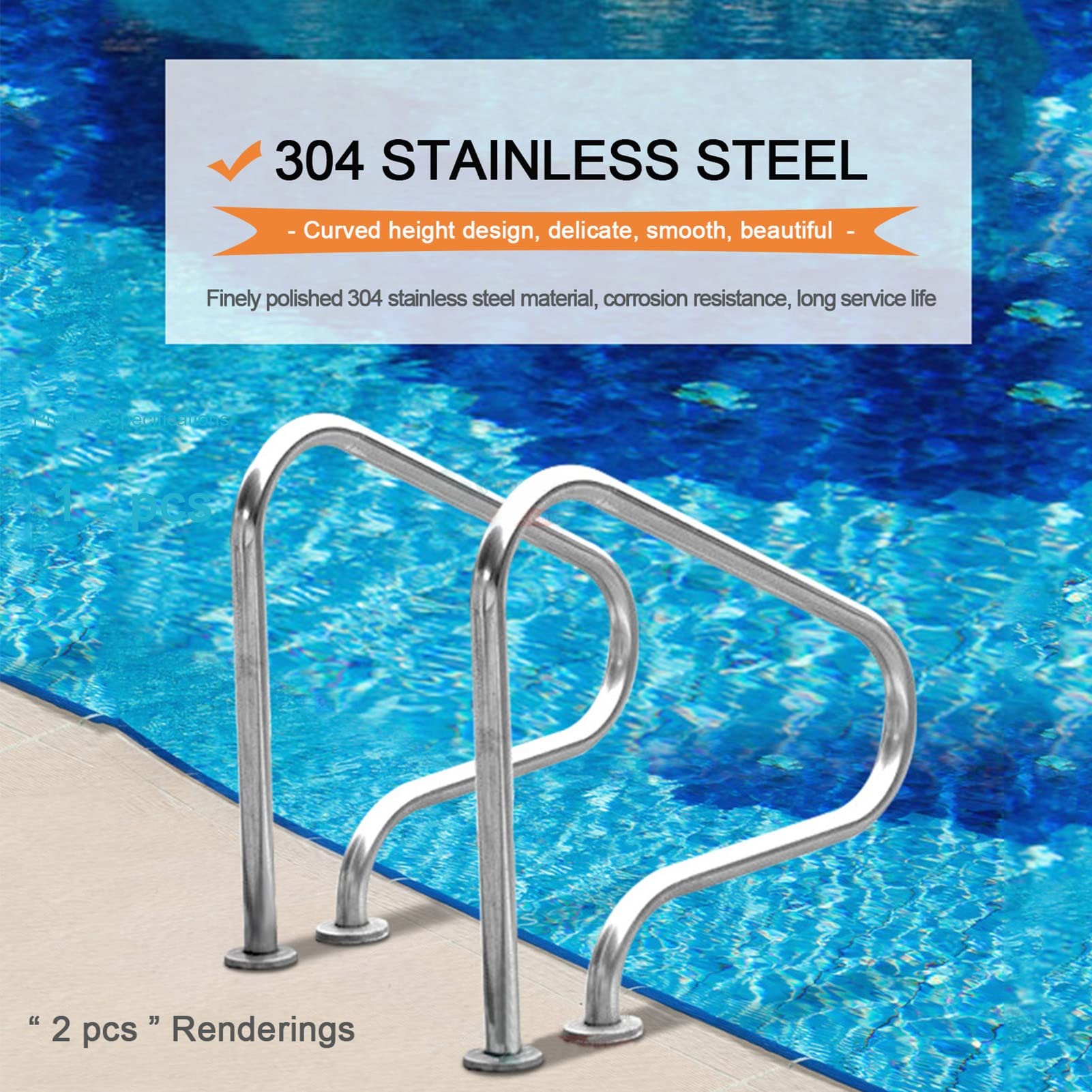 Stainless Steel Pool Handrail - Silver Deck to Deck Mounted Safety Railing for Swimming Pools | Non-Slip Grab Handle for Easy Pool Entry & Exit | Perfect for Outdoor Inground Pools, Spas & Backyard Safety