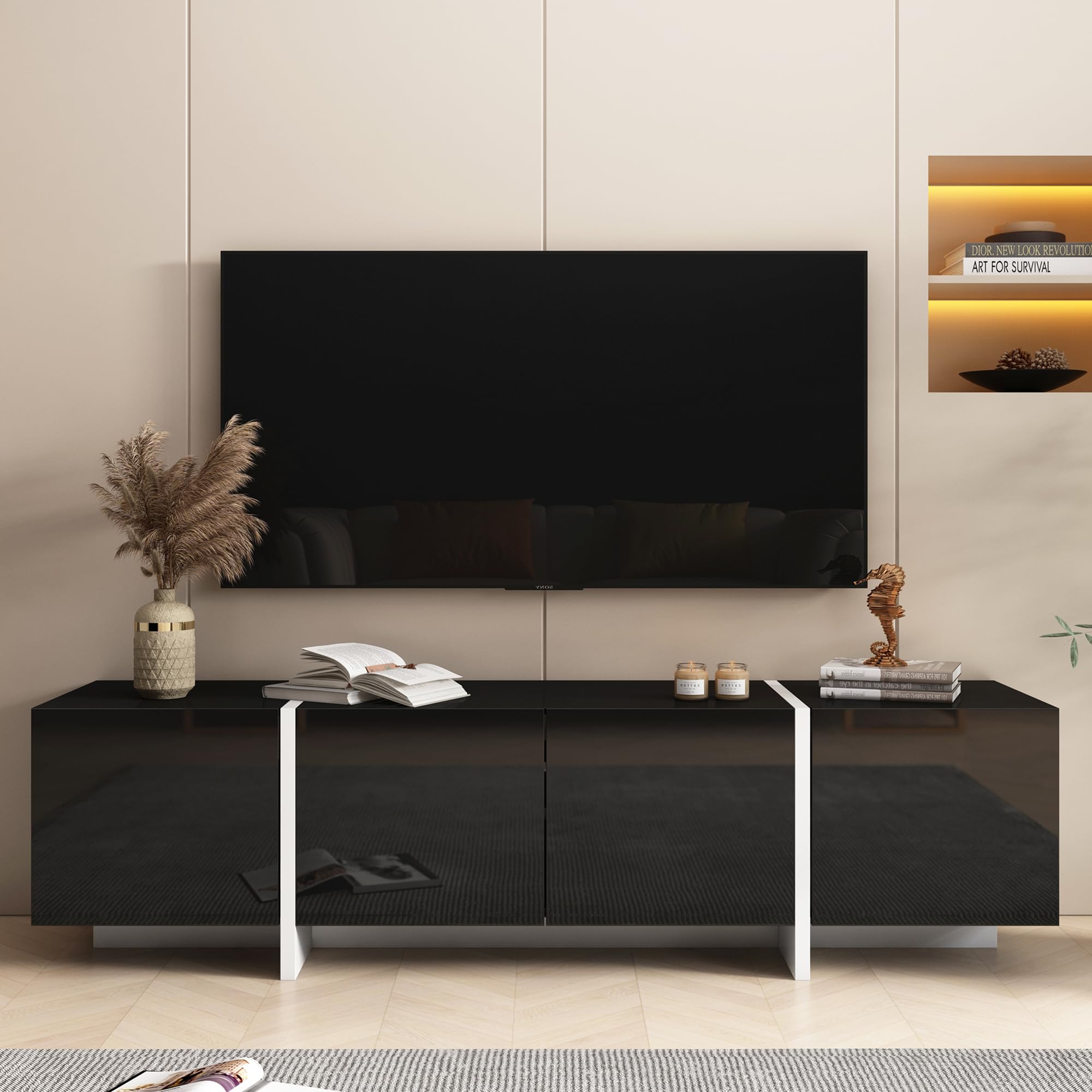 Modern TV Stand for 65 70 75 Inch TVs - Black Entertainment Center with Storage & Adjustable Hinge, Living Room TV Console Table - Perfect for Home Theater Setup & Family Entertainment Spaces