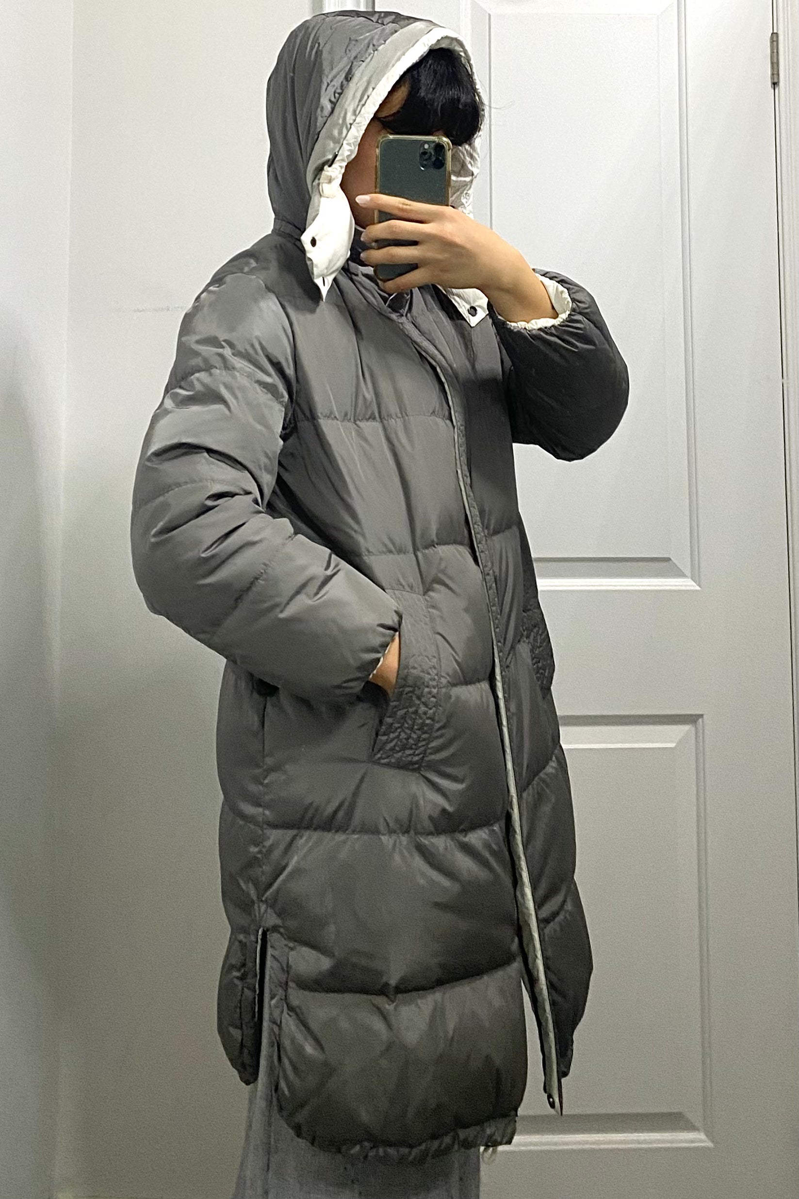 Brunello Cucinelli Grey Long Hooded Puffer Coat - Winter Warm Down Jacket for Women, Size IT46 / L (US 8/10) - Perfect for Cold Weather & Outdoor Activities