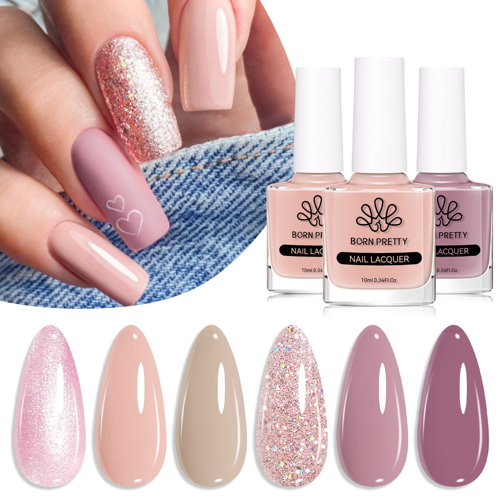 6 Colors Nude Pink Nail Polish Set - 10ml Long Lasting Vegan Nail Lacquer for Women - Perfect for Manicures, Pedicures & Salon Use