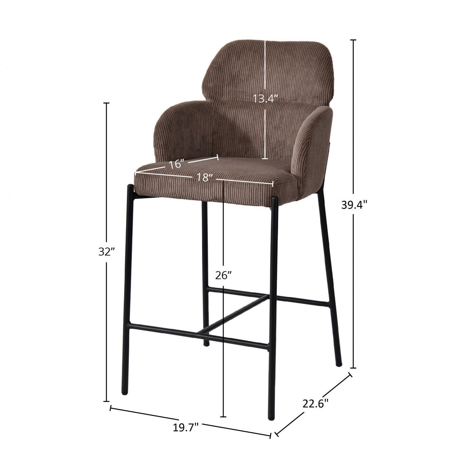 Celon Counter Stool Set of 2 - Brown Corduroy Upholstered Bar Stools for Kitchen Island, Breakfast Nook & Home Decor