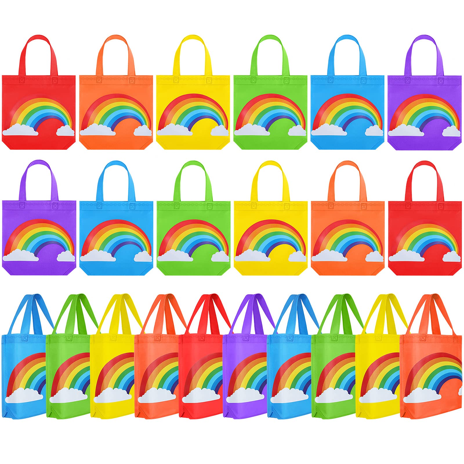 24-Piece Rainbow Non-Woven Reusable Gift Bags Set - 9.8x9.8x3.1 Inch Party Favor Bags with Handles for Kids Birthday, Wedding, Baby Shower & Holiday Celebrations - Perfect for Candy, Treats, Small Gifts & Party Favors