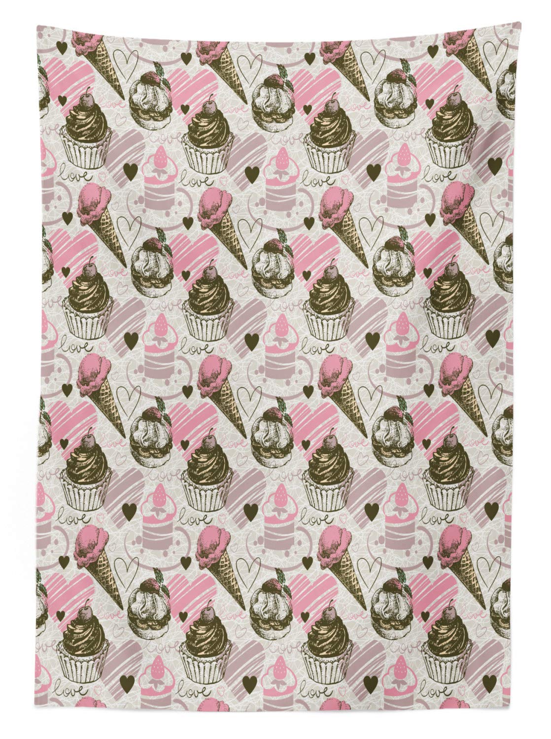 Ambesonne Waterproof Outdoor Tablecloth - Grunge Style Cupcakes with Heart Design, Washable Picnic Table Cover 58x84 Inches, Army Green & Pale Pink - Perfect for BBQs, Garden Parties & Picnics