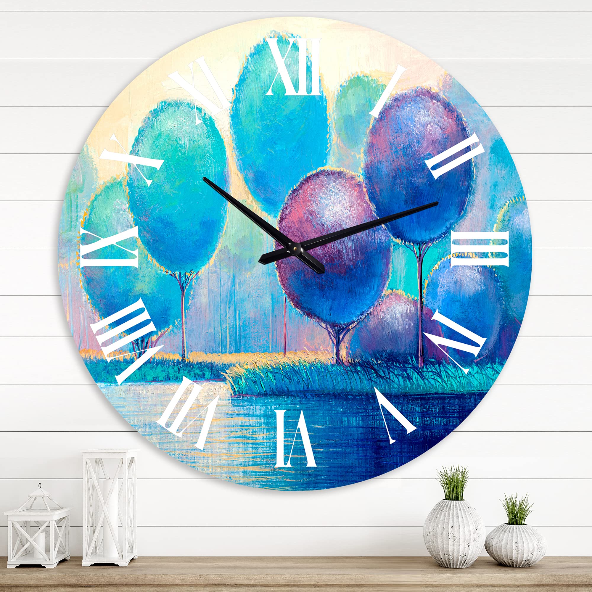 DesignQ Modern Wall Clock - Colorful Ornamental Trees Landscape Art, Large Silent Non-Ticking Wall Clock for Bedroom, Living Room, Office Decor | Nature-Inspired Home Décor