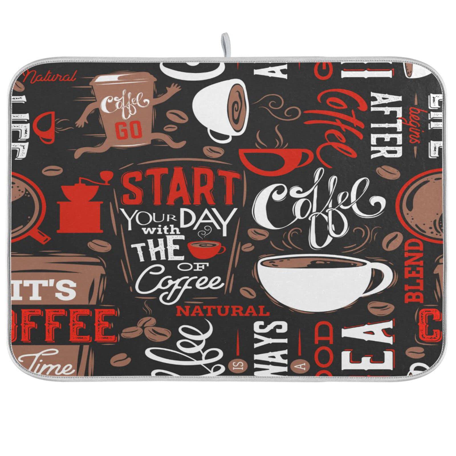 ALAZA 18x24 Inch Large Absorbent Reversible Microfiber Coffee Dish Drying Mat - Brown Coffee Bean Pattern Dish Rack Pad & Kitchen Counter Drainer Mat for Coffee Bars, Restaurants, and Home Kitchens