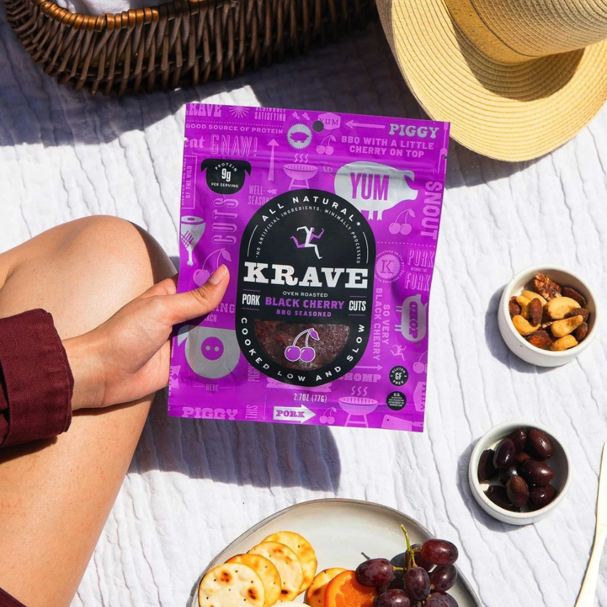 KRAVE Natural Pork Jerky, Black Cherry BBQ - Protein Snack for Hiking & Travel - 12oz