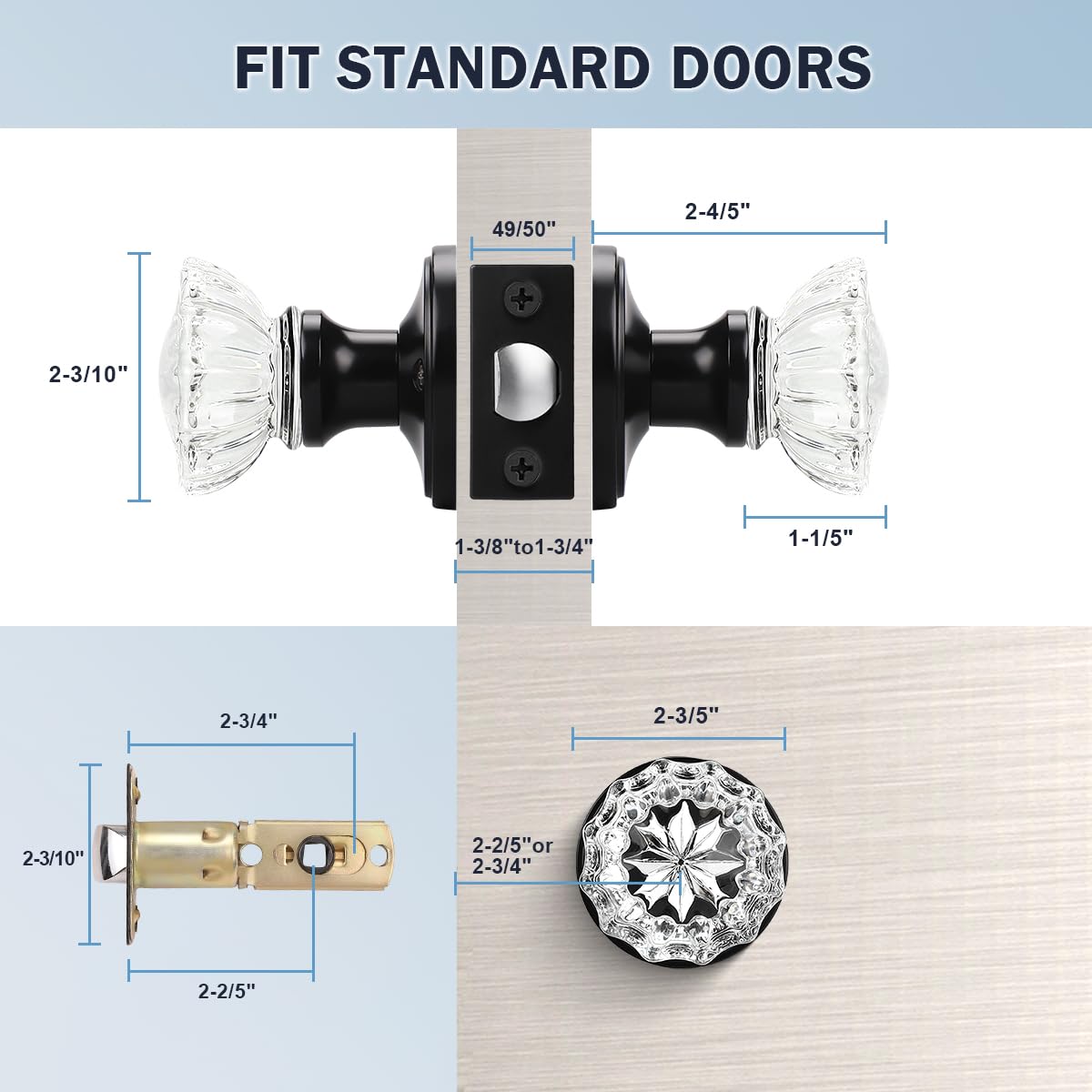 KNOBWELL 10 Pack Classic Rosette Door Knobs - Crystal Style Interior Door Handles with Matte Black Finish for Hallway, Closet & Bedroom Doors | Durable & Stylish Home Hardware Upgrade