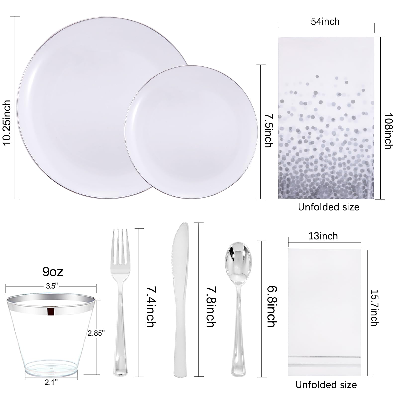 176-Piece Silver Plastic Christmas Party Set - 25 Dinner Plates, 25 Dessert Plates, 25 Cups, 25 Cutlery, 25 Napkins & 1 Tablecloth for Holiday Celebrations, Weddings & New Year Parties - Perfect for Christmas Dinner, Birthday Events & Family Gatherings