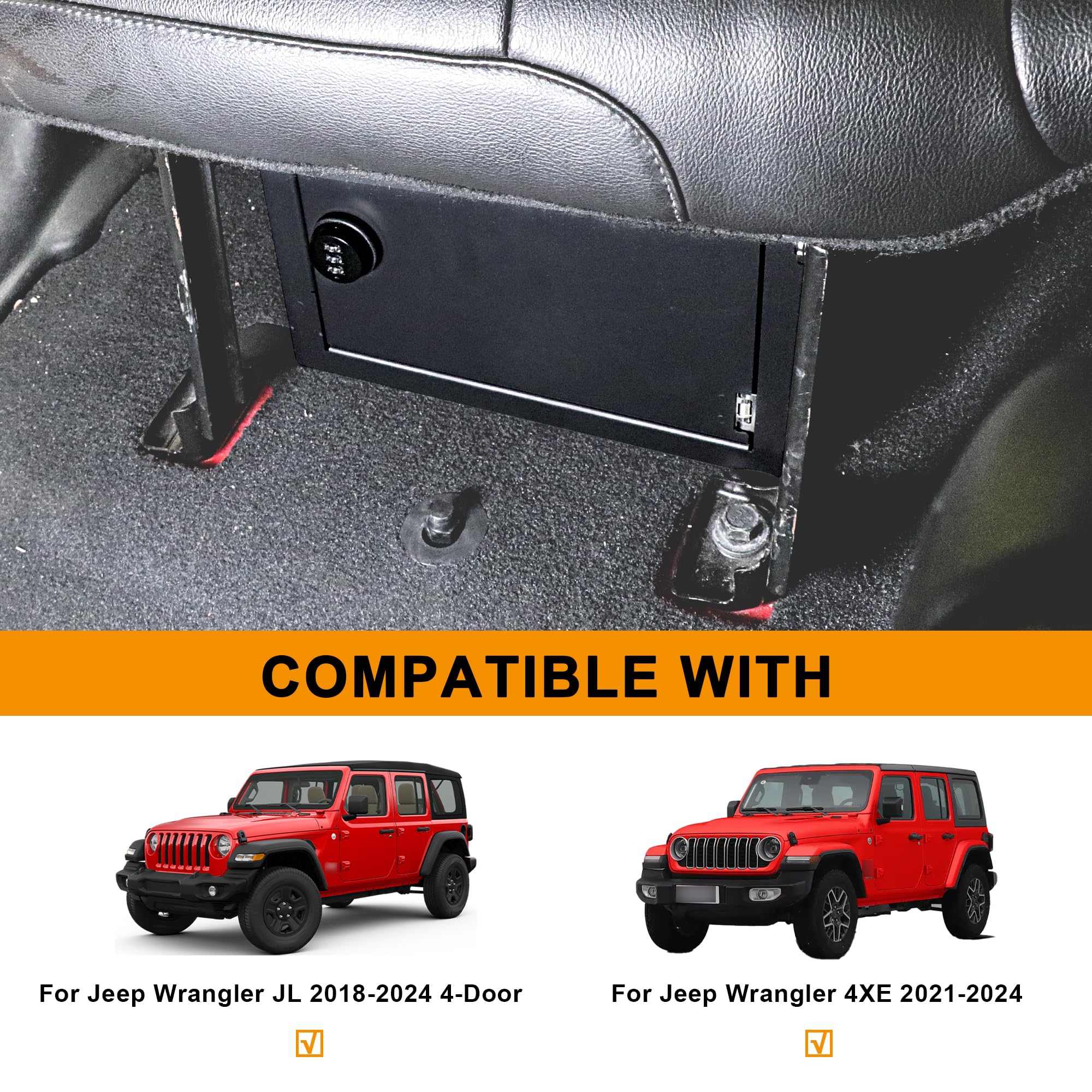 BESTAOO Under Seat Storage Lock Box Gun Safe Security Organizer for 2018-2025 Jeep Wrangler JL 4 Door 4XE - Black Underseat Tray for Interior Accessories | Secure Handgun Storage, Car Organization & Rear Passenger Side Protection