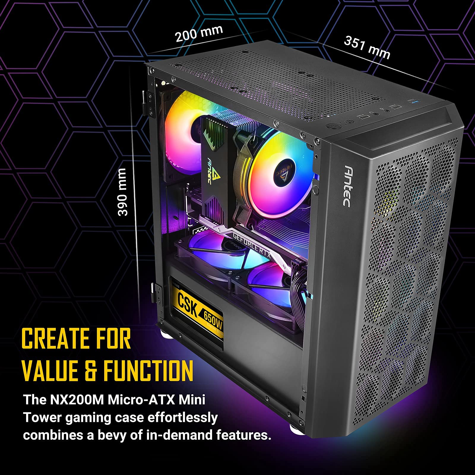 Antec NX200 M Micro-ATX Mini Tower PC Case - Black Mesh Front Panel with 120mm Rear Fan for Optimal Airflow | Compact Gaming & Home Office Computer Builds | NX Series (Model CJ11132623)