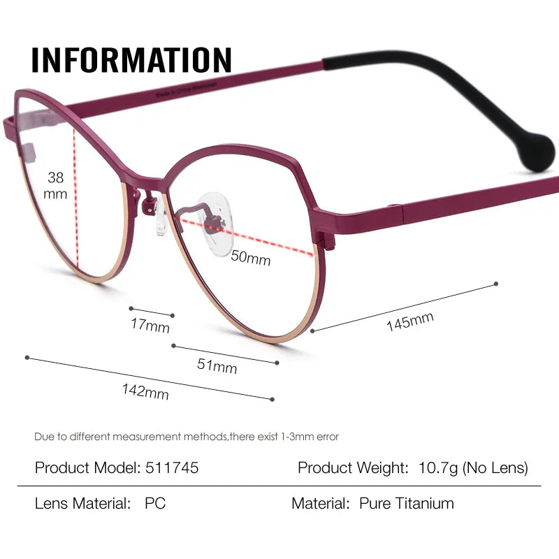 Stylish Unisex Oval Cat Eye Titanium Glasses - Lightweight Full Rim Eyewear Frame 511745 | Perfect for Office, Reading & Fashion Accessories