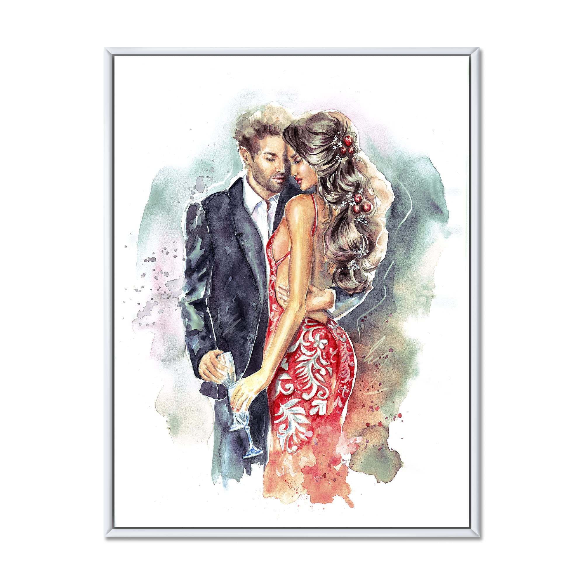Romantic Couple with Champagne Glasses New Year Wall Art - Traditional Framed Canvas Print for Home Decor, Wedding Gift & Anniversary Present