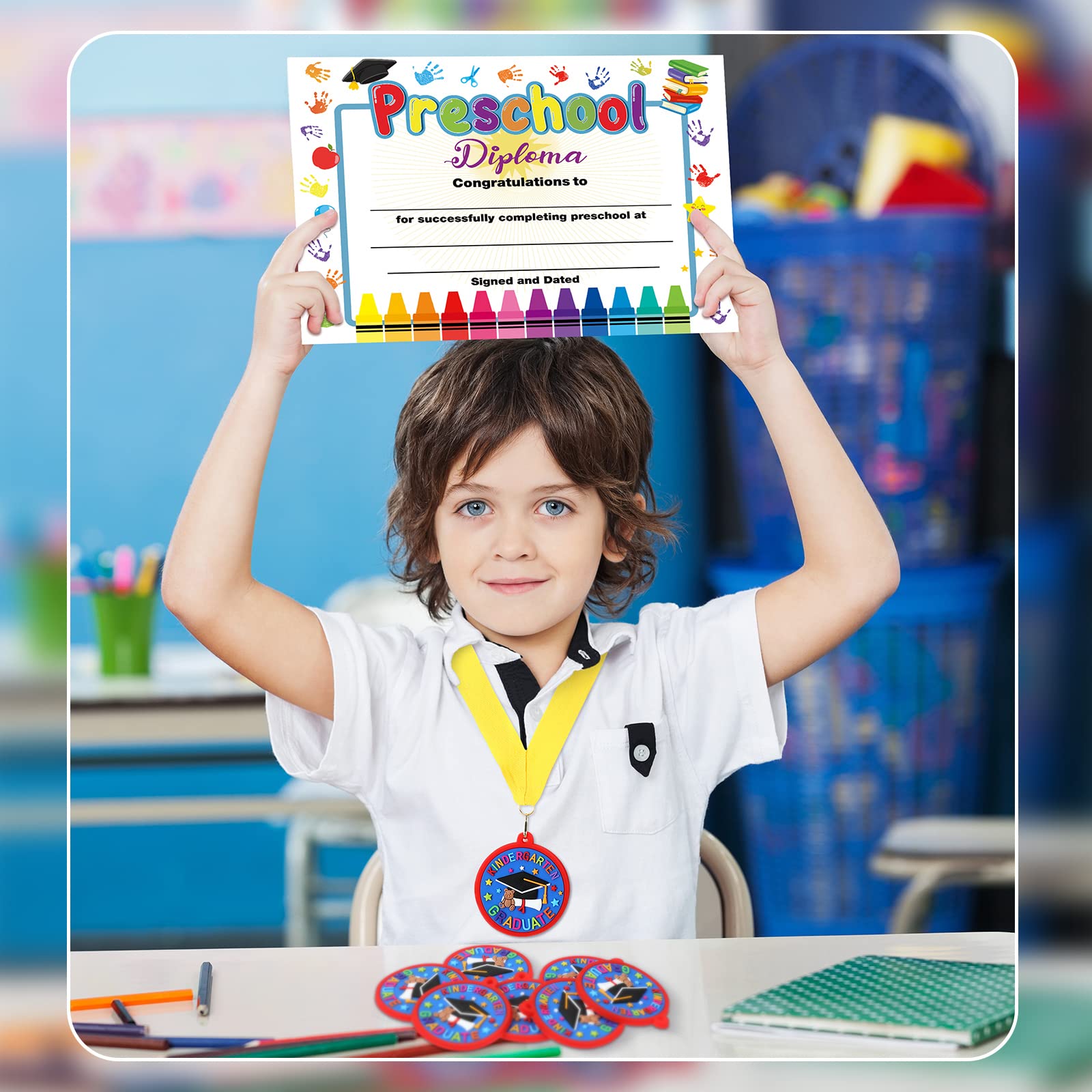 24 Pcs Kindergarten Preschool Graduation Medals for Kids - 2 Inch Award Medals with Yellow Ribbon - Perfect for Graduation Ceremonies, School Parties & Student Recognition Events