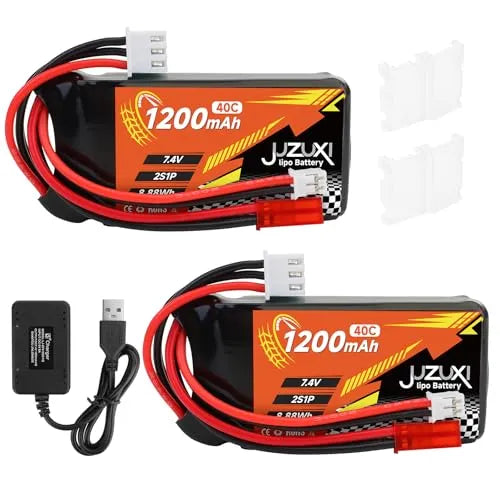 2Pcs 7.4V 1200mAh 2S 40C Lipo Rechargeable Battery with XH/JST/PH2.0 Connectors & Charger - Compatible with FPV Racing Drones, RC Cars, Boats, Quadcopters, Airplanes - Perfect for High-Speed Racing and Long Flight Time