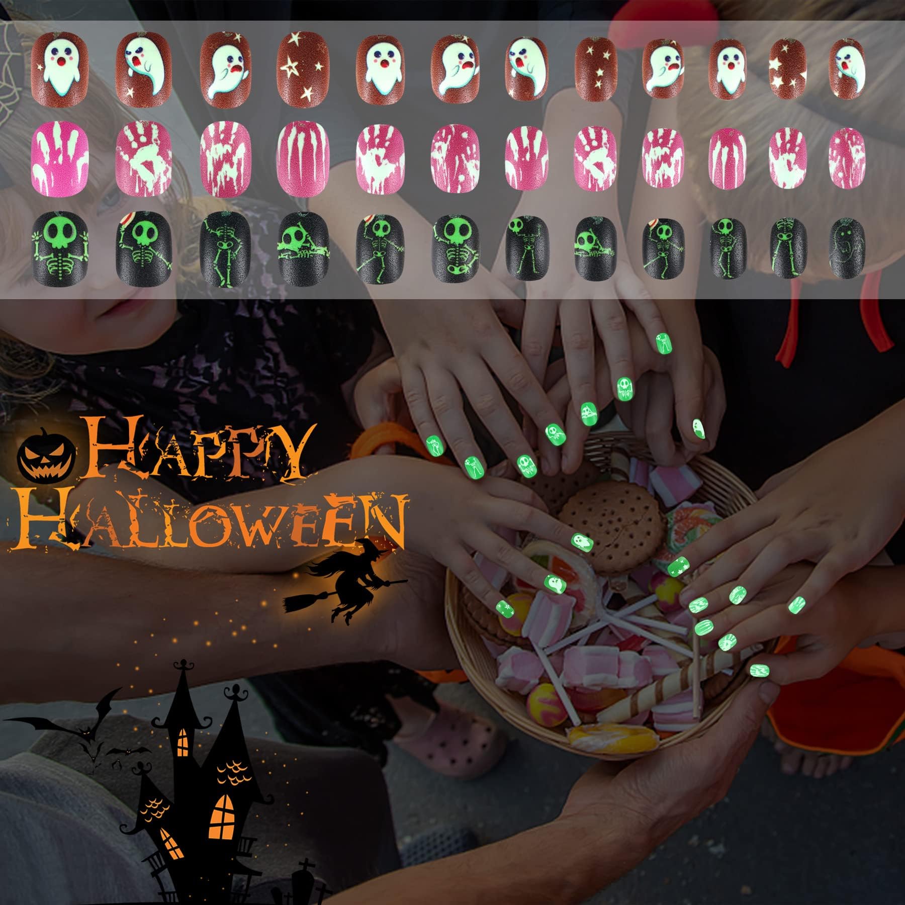 JANYUN Halloween Glow in the Dark Kids Fake Nails - 192 Pcs Short Glowing False Nails with Pumpkin, Spider & Bat Designs for Girls, Nail Art Party & Halloween Costume Accessories (Perfect for Trick-or-Treating, Costume Parties & Spooky Nail Decorations)