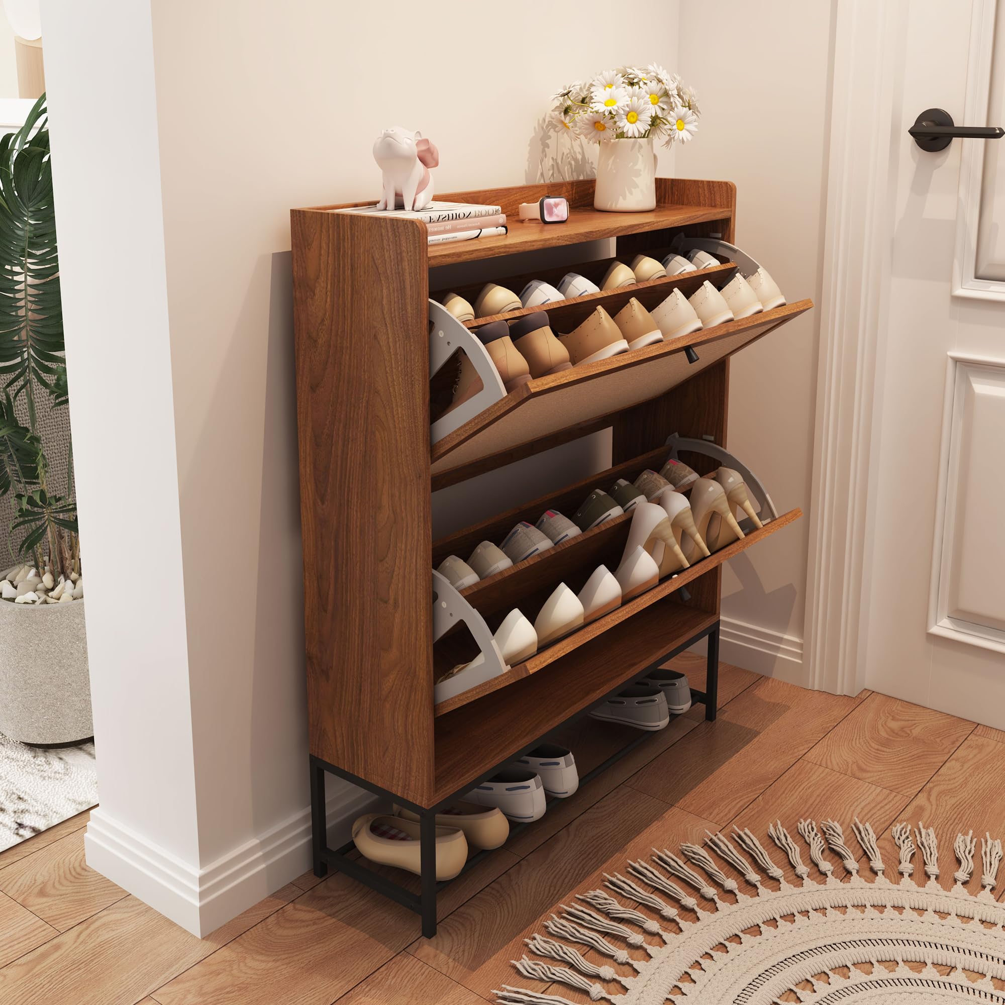 AVZEAR Narrow Shoe Storage Cabinet with 2 Flip Drawers - Wooden Freestanding Shoe Organizer for Entryway, Hallway, Living Room - Space Saving Closed Shoe Rack for Small Spaces (Walnut) | Perfect for Apartments, Dorm Rooms & Closet Organization