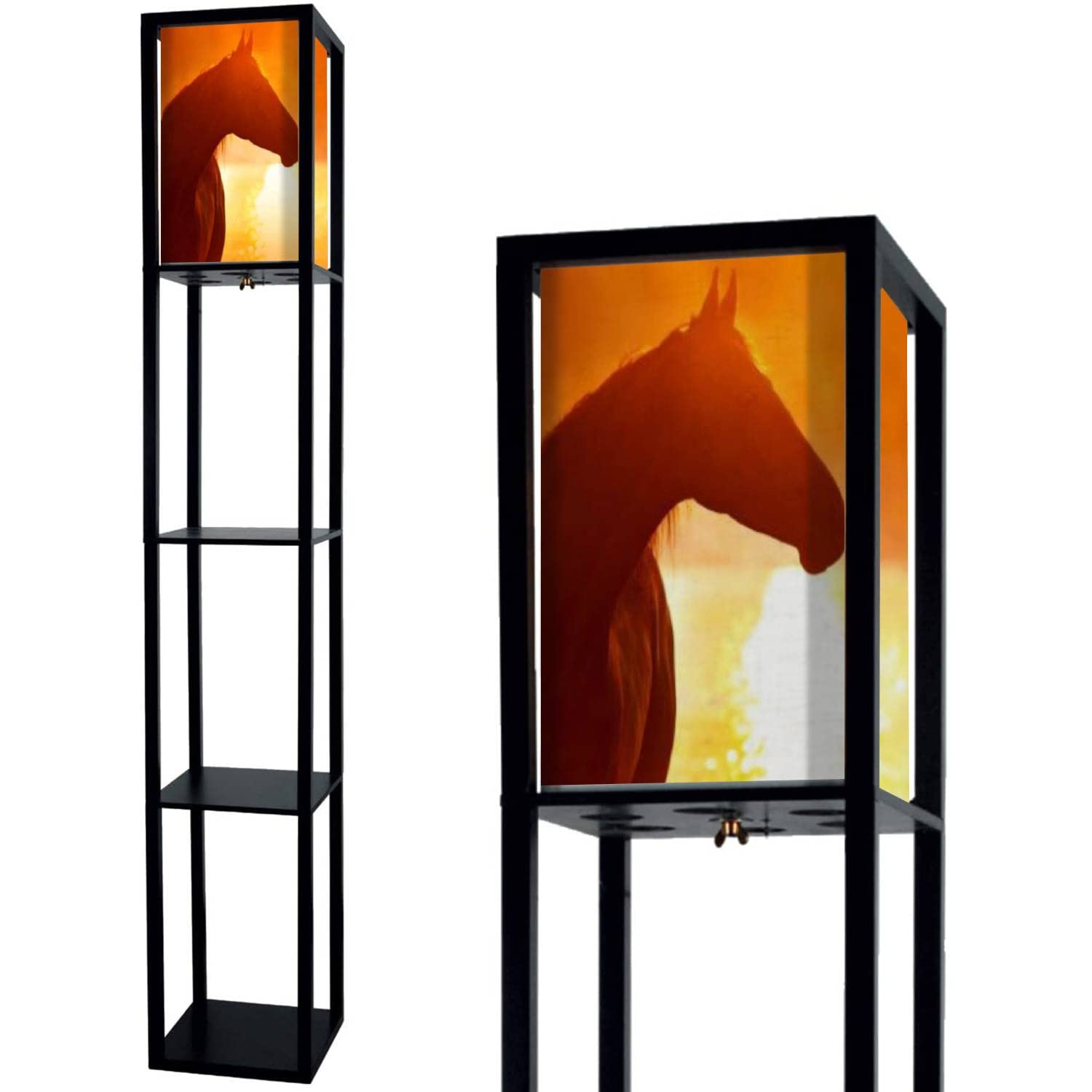JITHCG Sunrise Horse Silhouette Floor Lamp with Shelves & Flaxen Fabric Shade - Tall Corner Standing Lamp for Living Room, Bedroom, Office | Aesthetic Home Decor & Reading Light