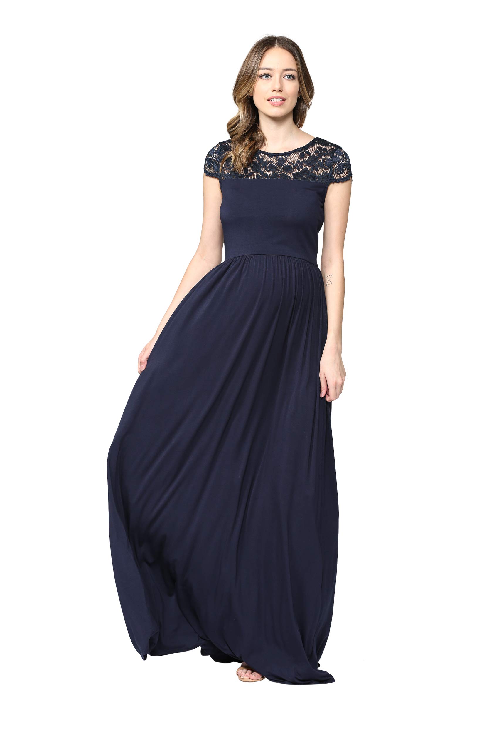 HELLO MIZ Women's Flowy Maxi Maternity Dress with Elegant Lace Yoke - Perfect for Pregnancy, Nursing & Special Occasions
