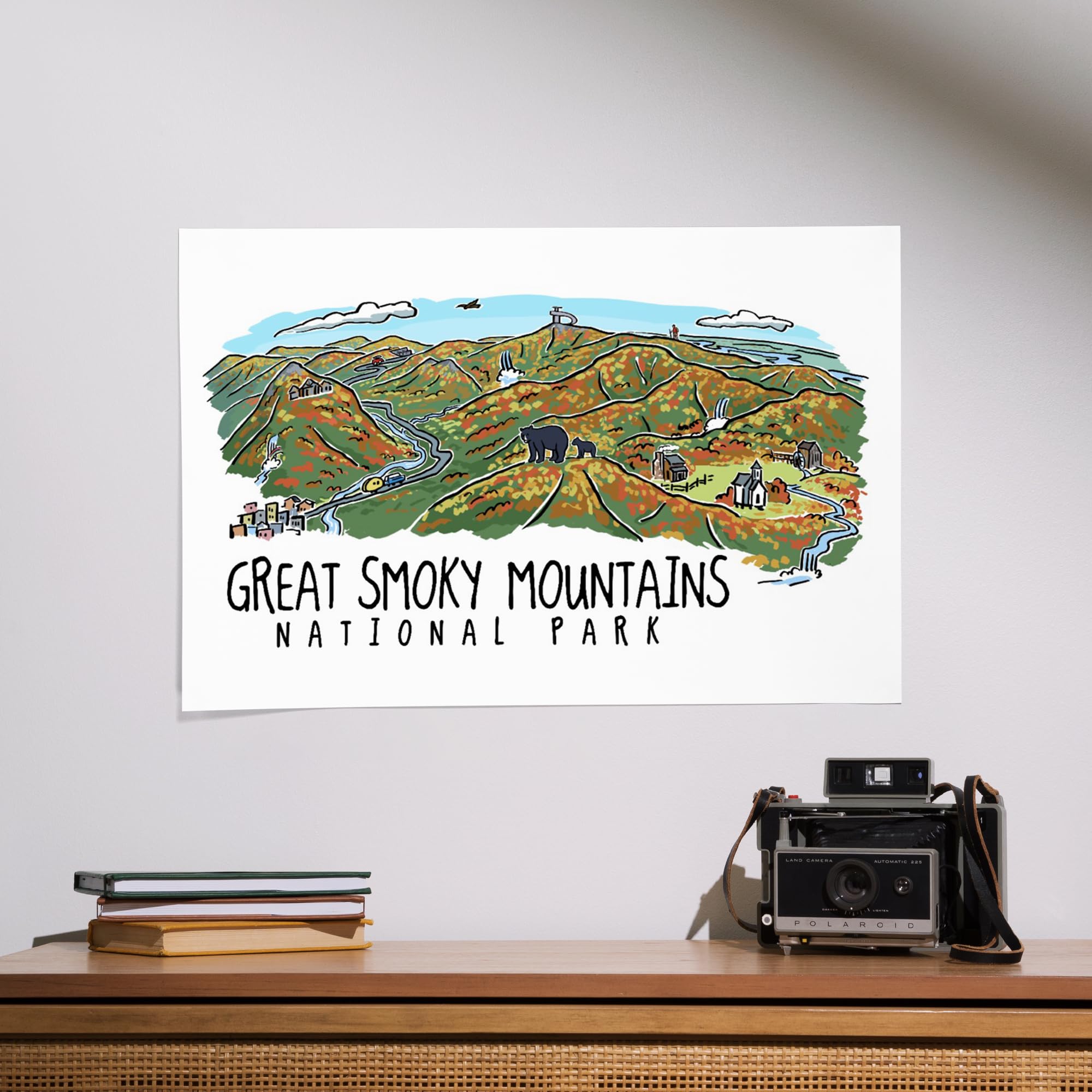 Lantern Press 16x24 Inch Giclee Art Print - Great Smoky Mountains National Park Tennessee Line Drawing Fall Version - Wall Decor for Living Room, Bedroom & Office