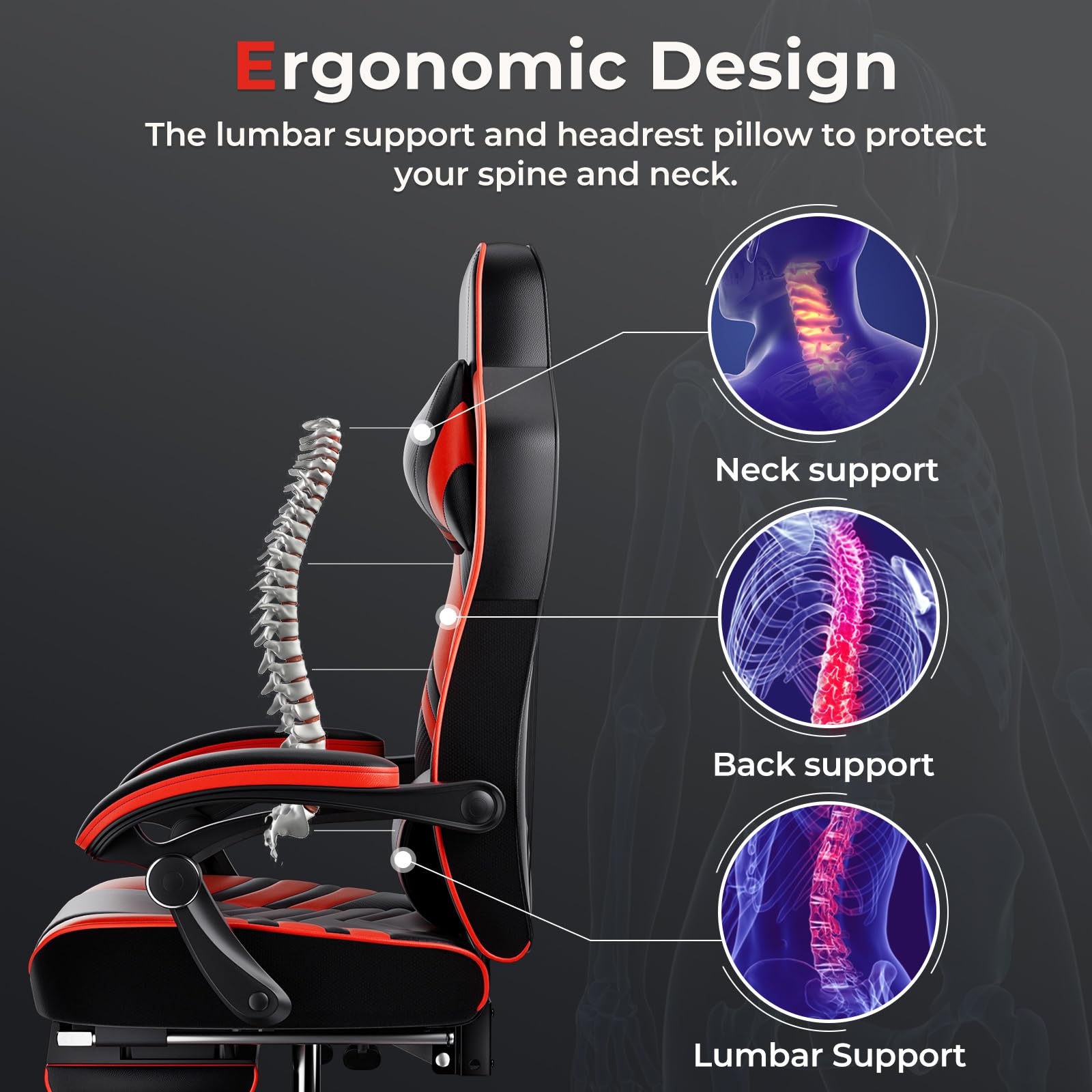 Powerstone Ergonomic Gaming Chair with Footrest & Lumbar Support - Adjustable Racing Style PU Leather Computer Chair for Office & Home Gaming Setup - Perfect for Esports, Streaming & Long Work Sessions (Red)