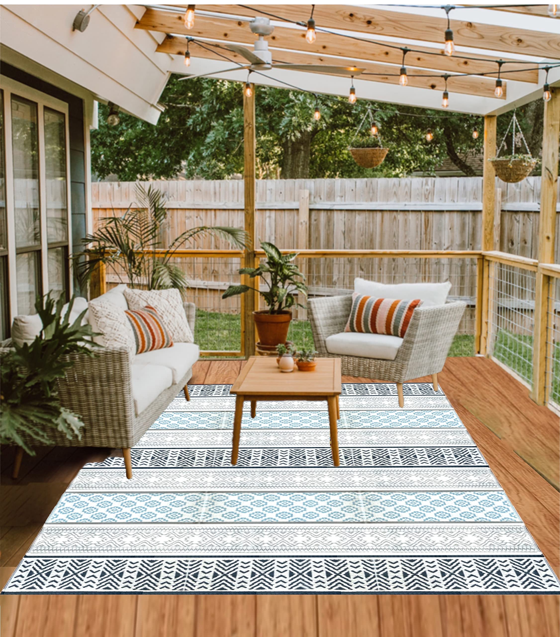 BalajeesUSA 9x18 Reversible Outdoor Rug - Waterproof Recycled Plastic Straw Patio Mat for RV, Camper, Deck, Poolside - Grey & Teal Design | Durable & Eco-Friendly