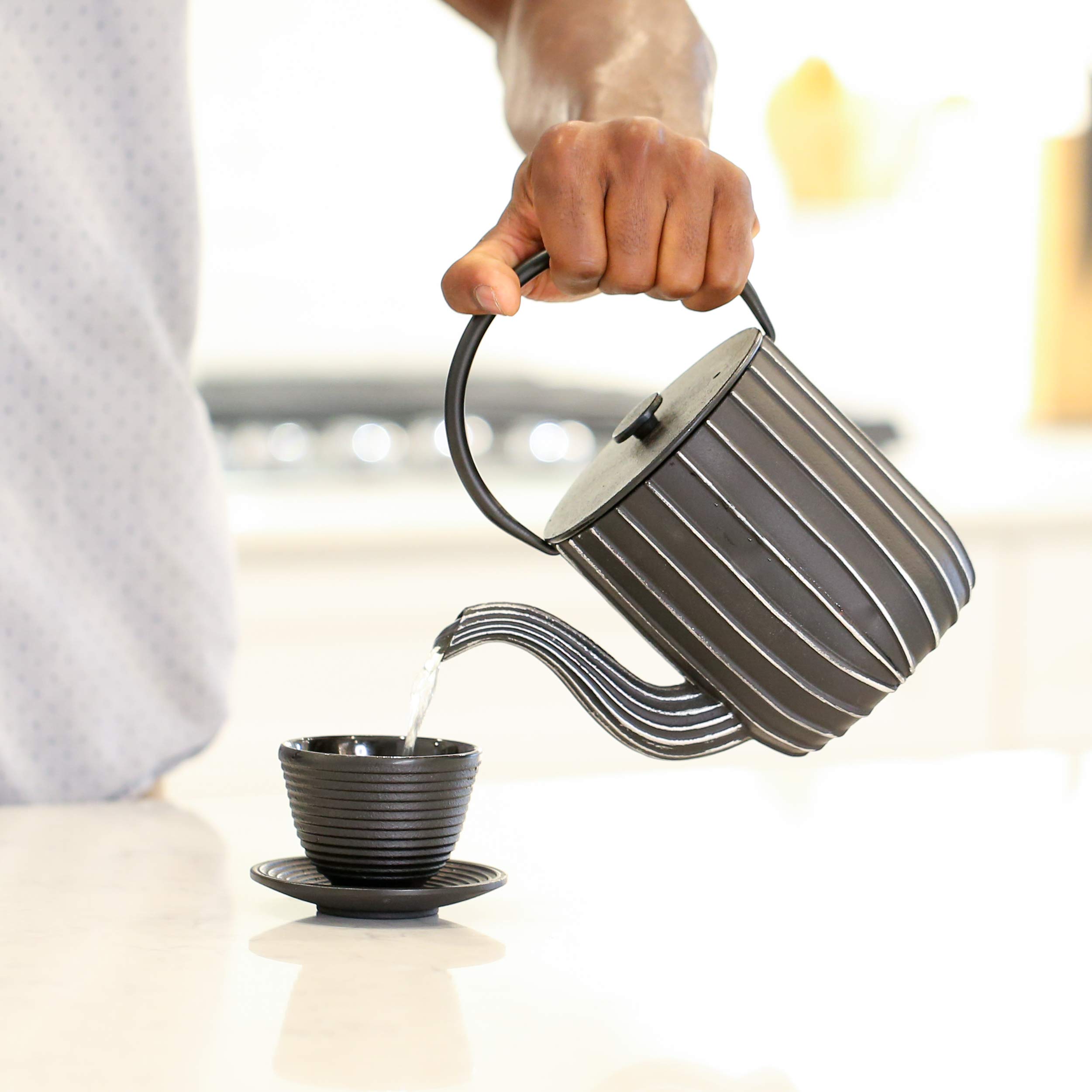 Frieling Ja by Mariage Cast Iron Teapot with Stainless Steel Infuser & Trivet - 34oz Black/Silver Stovetop Tea Kettle - Perfect for Home Brewing, Tea Parties & Gift Giving