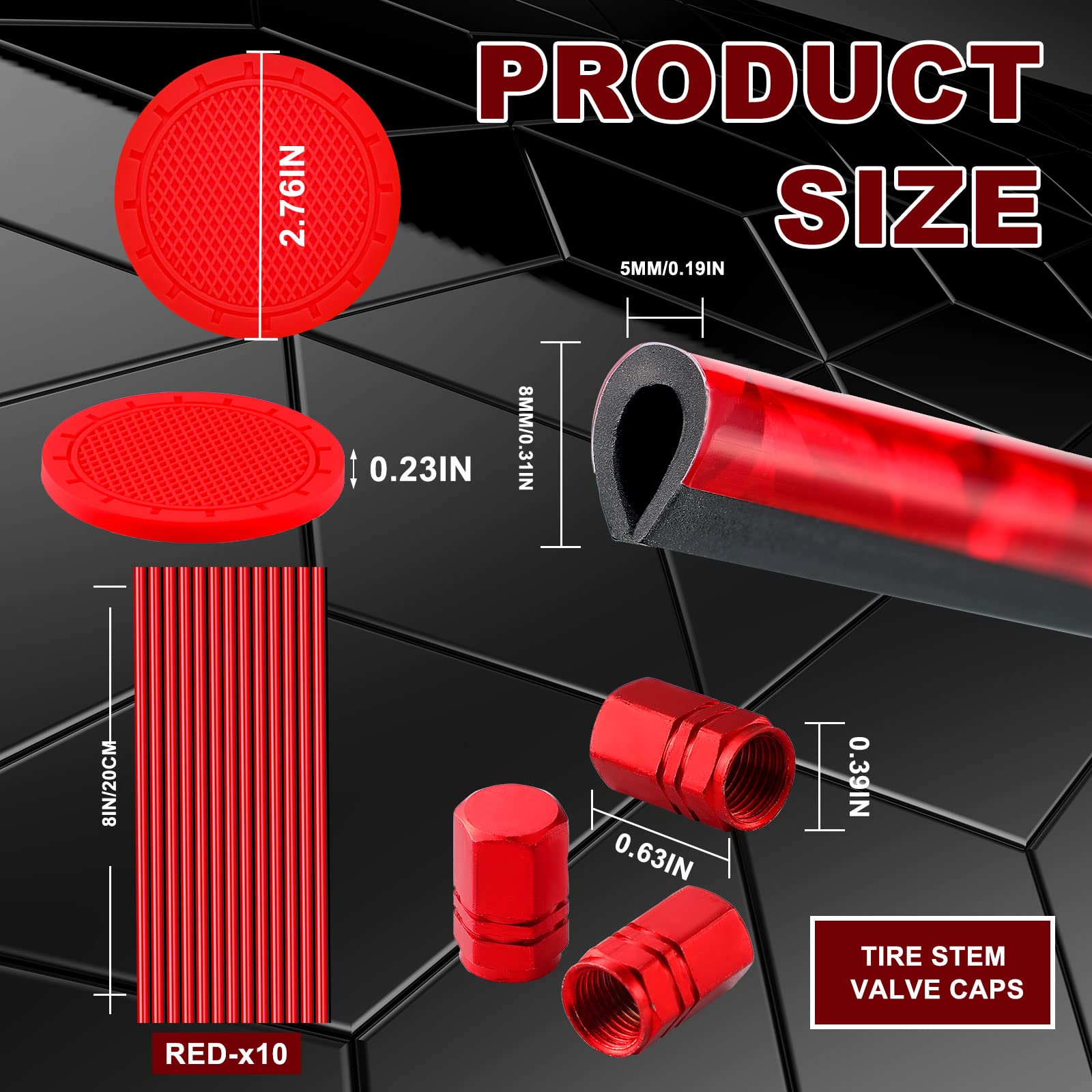 Frienda 28-Piece Car Interior Accessories Kit - 20 AC Vents Decor Strips, 4 Non-Slip Silicone Cup Coasters, 4 Tire Valve Caps | Universal Fit for Cars, SUVs & Trucks (Red) | Perfect for Road Trips & Daily Commute