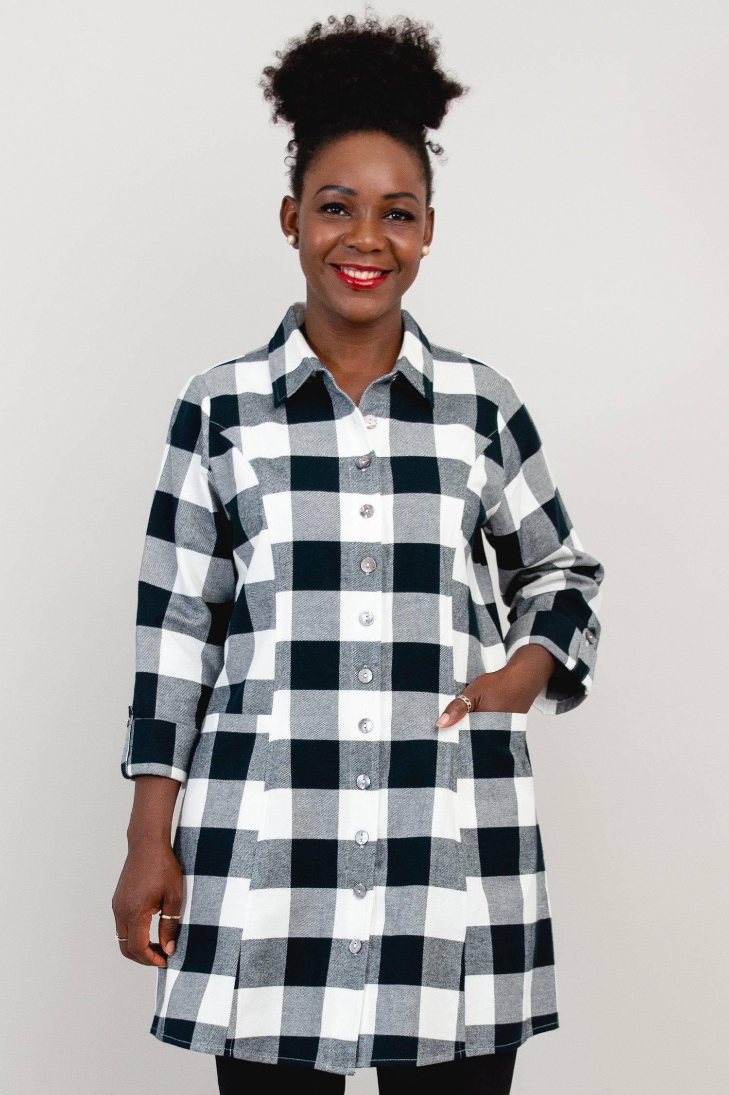 Larissa Tunic Top - Grey Plaid Cotton Flannel Shirt for Women - Cozy Fall & Winter Layering Piece for Casual Outfits and Office Wear