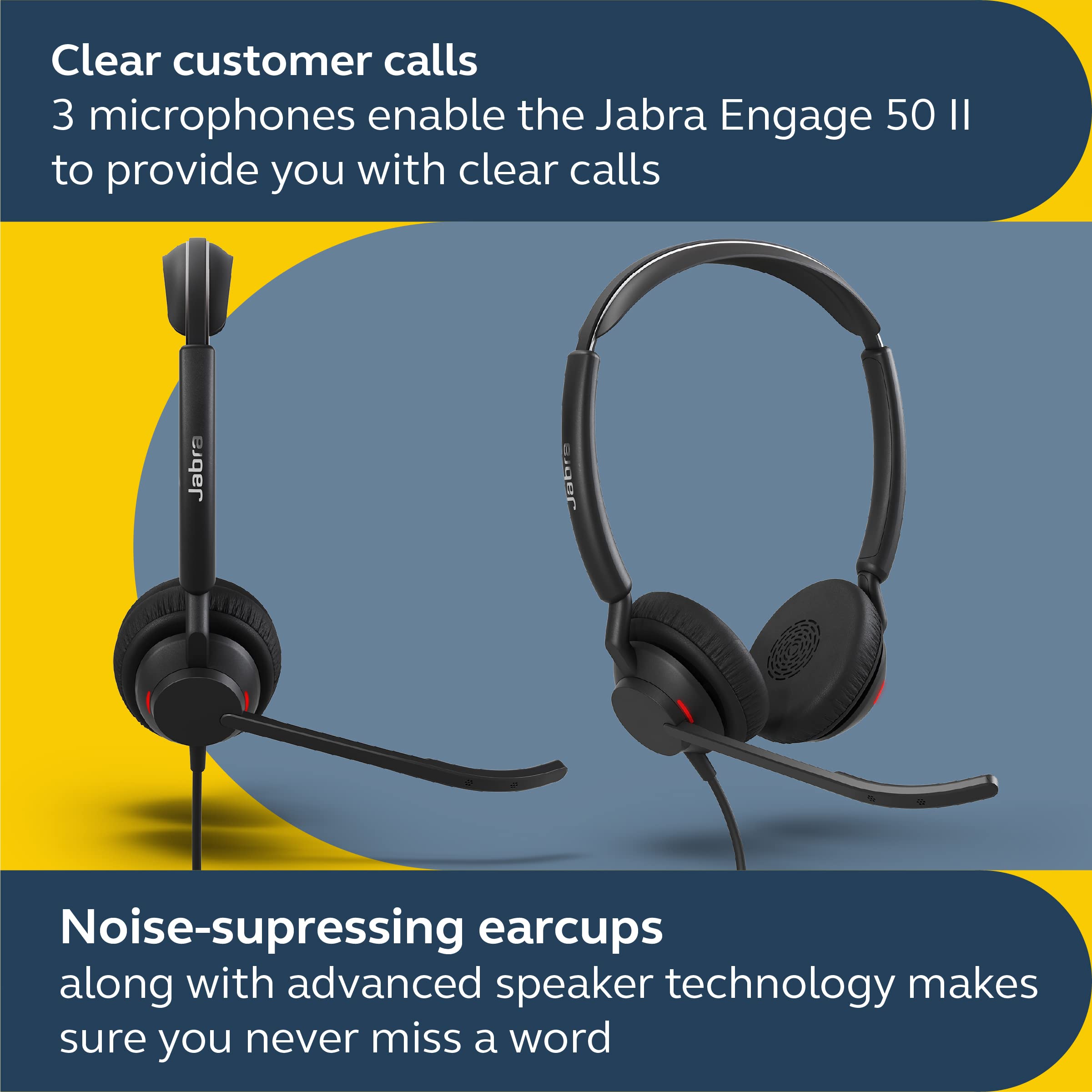 Jabra Engage 50 II Wired Stereo Headset with Noise-Cancelling 3-Mic Technology - USB-A Cable, Ultra-Lightweight Design - MS Teams Certified & Multi-Platform Compatible (Black) - Perfect for Office Calls, Remote Work, and Customer Service