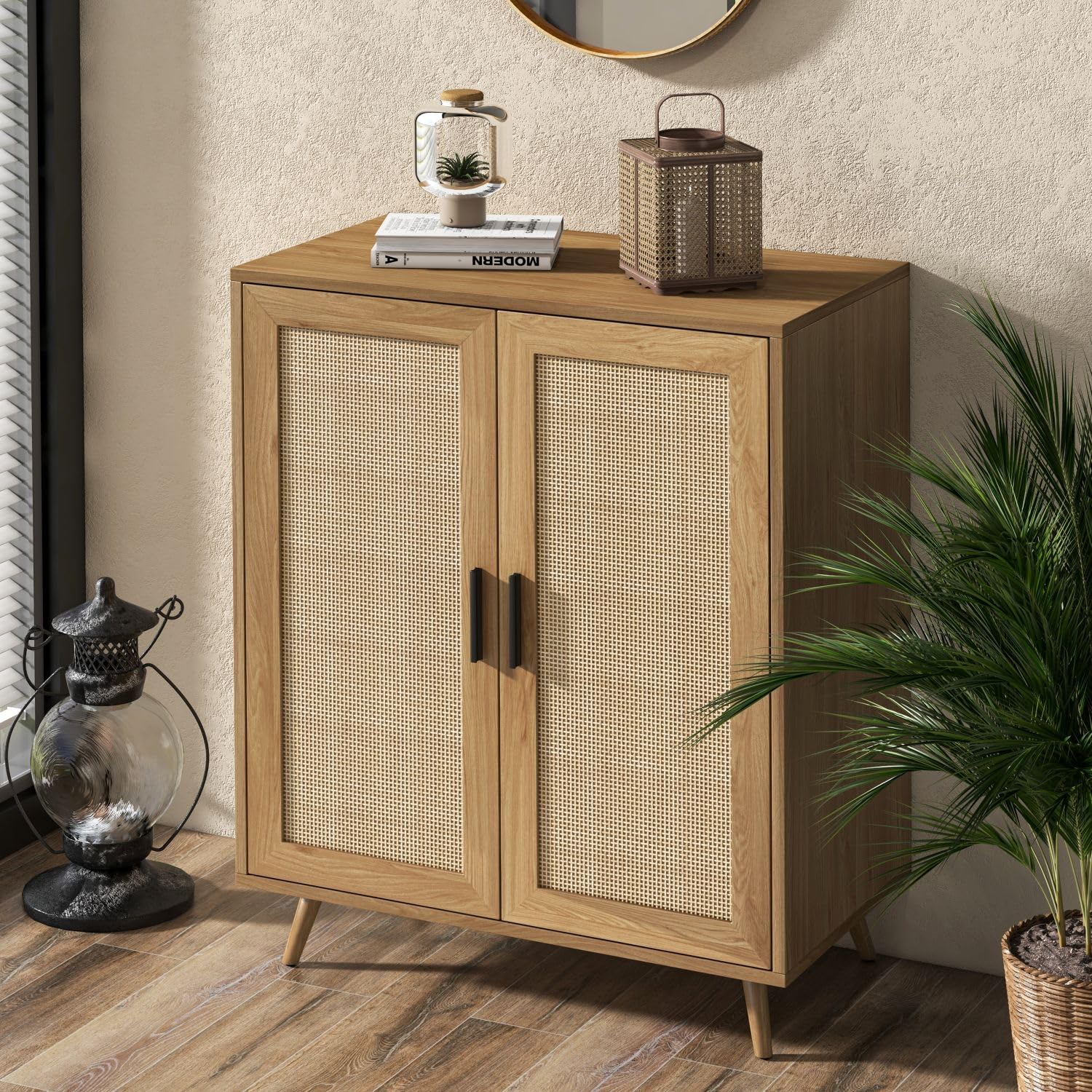Xilingol Rattan Storage Cabinet - Buffet Sideboard with Woven Rattan Doors & Solid Pine Wood Feet - Entryway, Hallway, Living Room Accent Furniture - Perfect for Farmhouse, Coastal, or Boho Home Decor