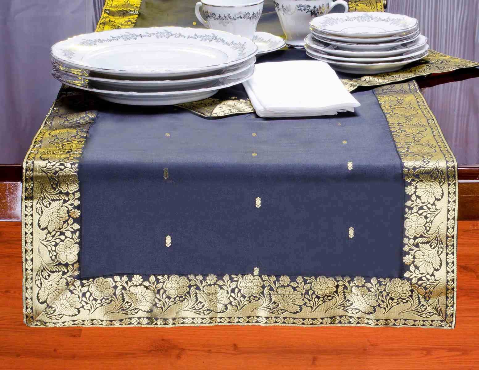Elegant Black Handmade Indian Silk Sari Table Runner with Golden Borders - 14x70 Inch Wedding Reception Decor, Party Table Decoration & Home Dining Accessory | Perfect for Festive Occasions, Holiday Gatherings and Special Events