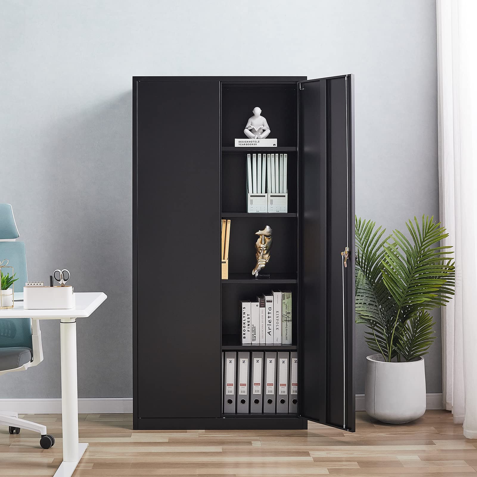 Rophefx 2-Door Metal Storage Cabinet with Lock - 4 Adjustable Shelves for Home Office, Garage & Warehouse Organization - Black (Ideal for Storing Tools, Files & Supplies)