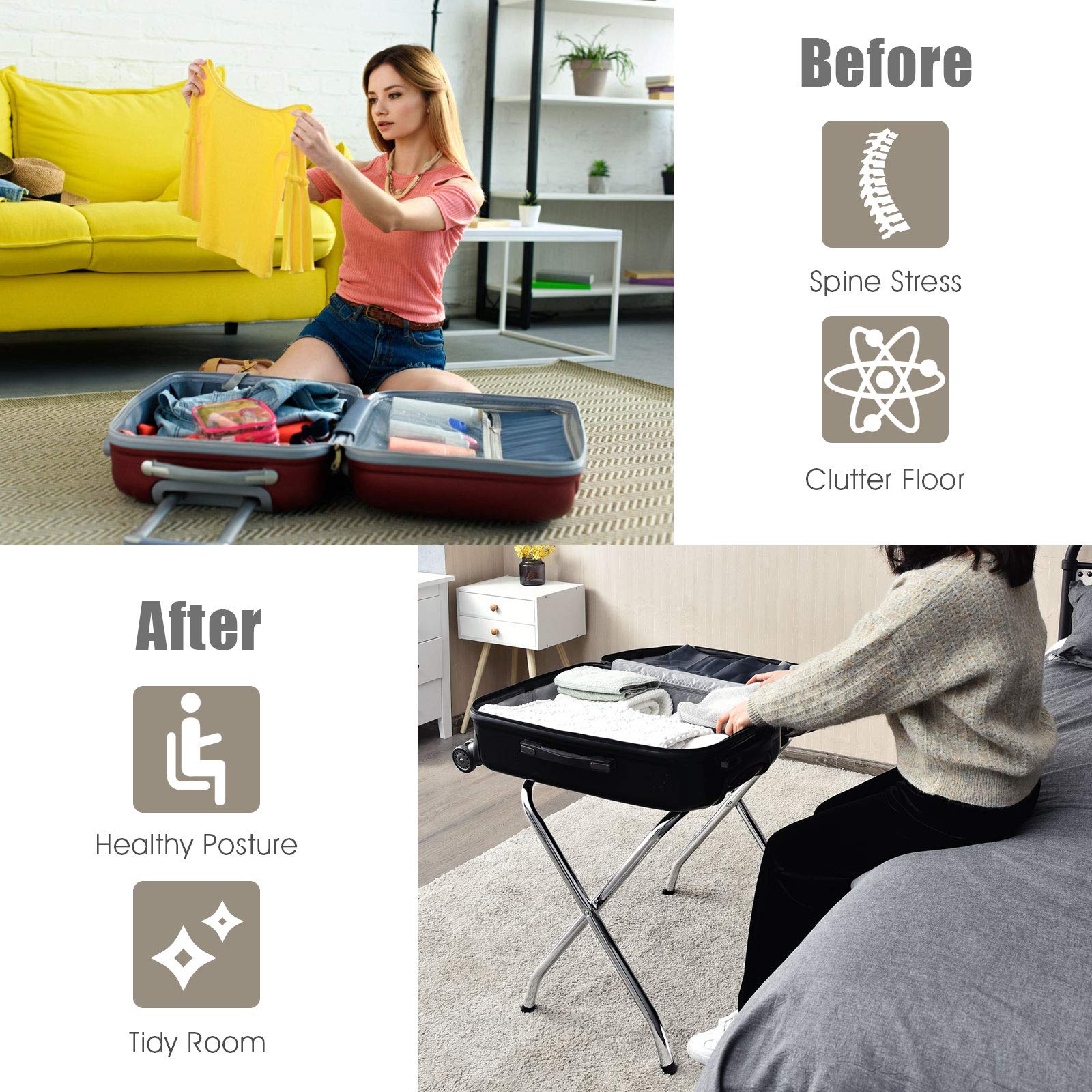 **Tangkula Chrome Folding Luggage Rack - No Assembly Required, Sturdy Metal Suitcase Stand with Nylon Belts for Bedroom, Guest Room & Hotel Use - Silver (1 Pack) - Perfect for Travel Storage & Space Saving**