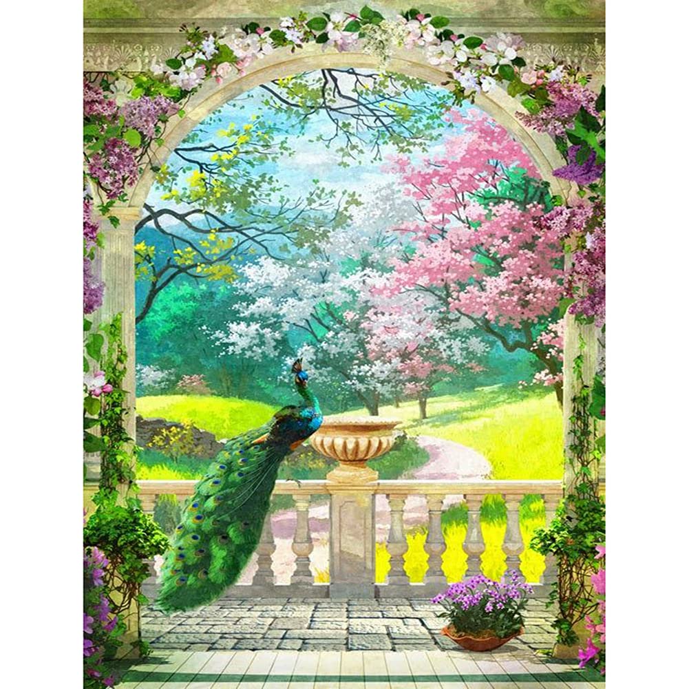 DIY 5D Diamond Painting Kits for Adults & Kids - Peacock and Garden Round Full Drill Crystal Rhinestone Embroidery Cross Stitch Art, Diamond Gem Craft Supplies for Home Wall Decor (12x16 Inch) - Perfect for Relaxation, Gifts & Living Room Decoration