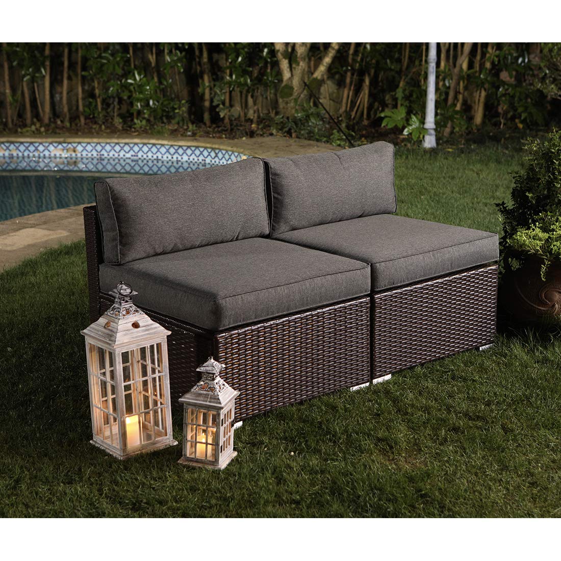 2-Piece Armless Wicker Chairs Add-on for Chocolate Brown Sectional Sofa Set with Dark Grey Thick Cushions - Outdoor Patio Furniture for Garden, Poolside, Backyard & Deck Relaxation
