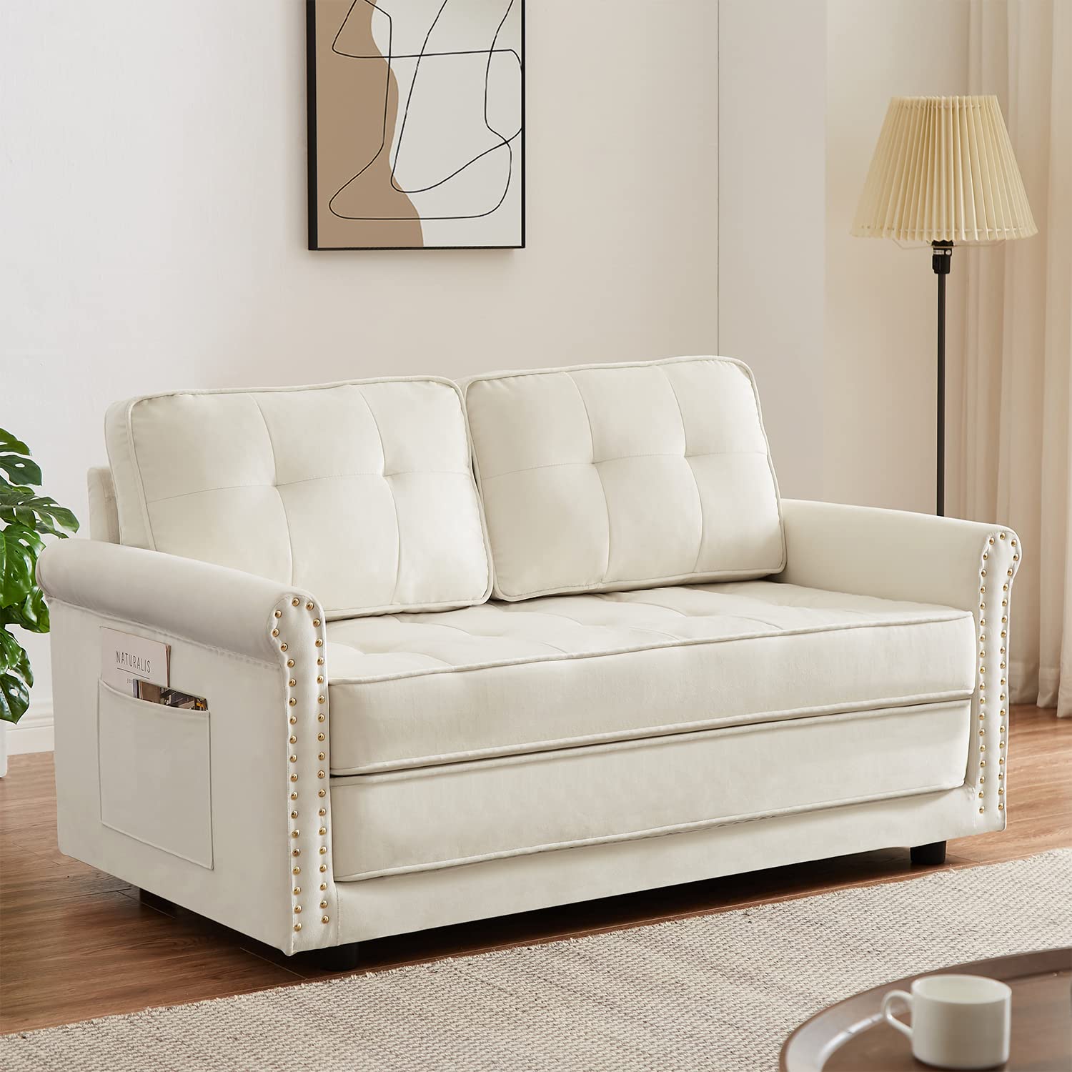 Antetek Modern Velvet Loveseat Sleeper Sofa Bed - 54-inch Twin Floor Gaming Sofa, Foldable Futon Couch with Recliner for Small Spaces - Beige Velvet Upholstered Loveseat for Living Room, Apartment, Dorm & Gaming Room
