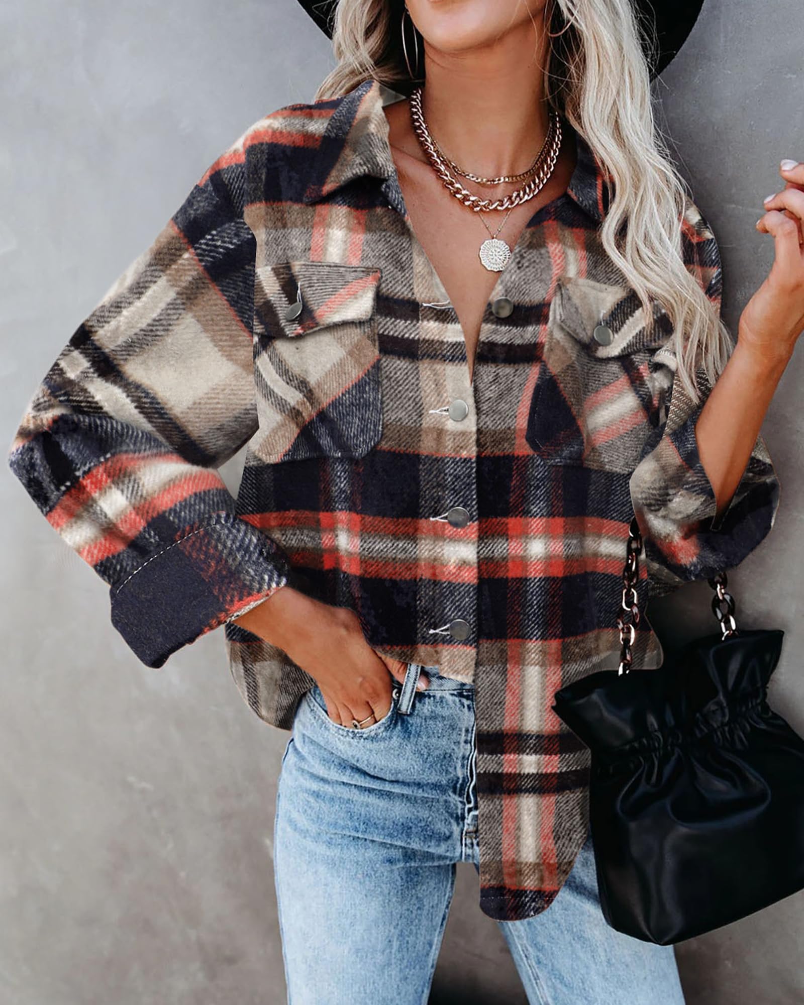 BTFBM Women's Plaid Flannel Shacket - Long Sleeve Button Down Casual Shirt Jacket for Fall & Spring | Loose Fit Blouse Top for Outdoor Activities, Work & Weekend Wear (2025 Fashion)