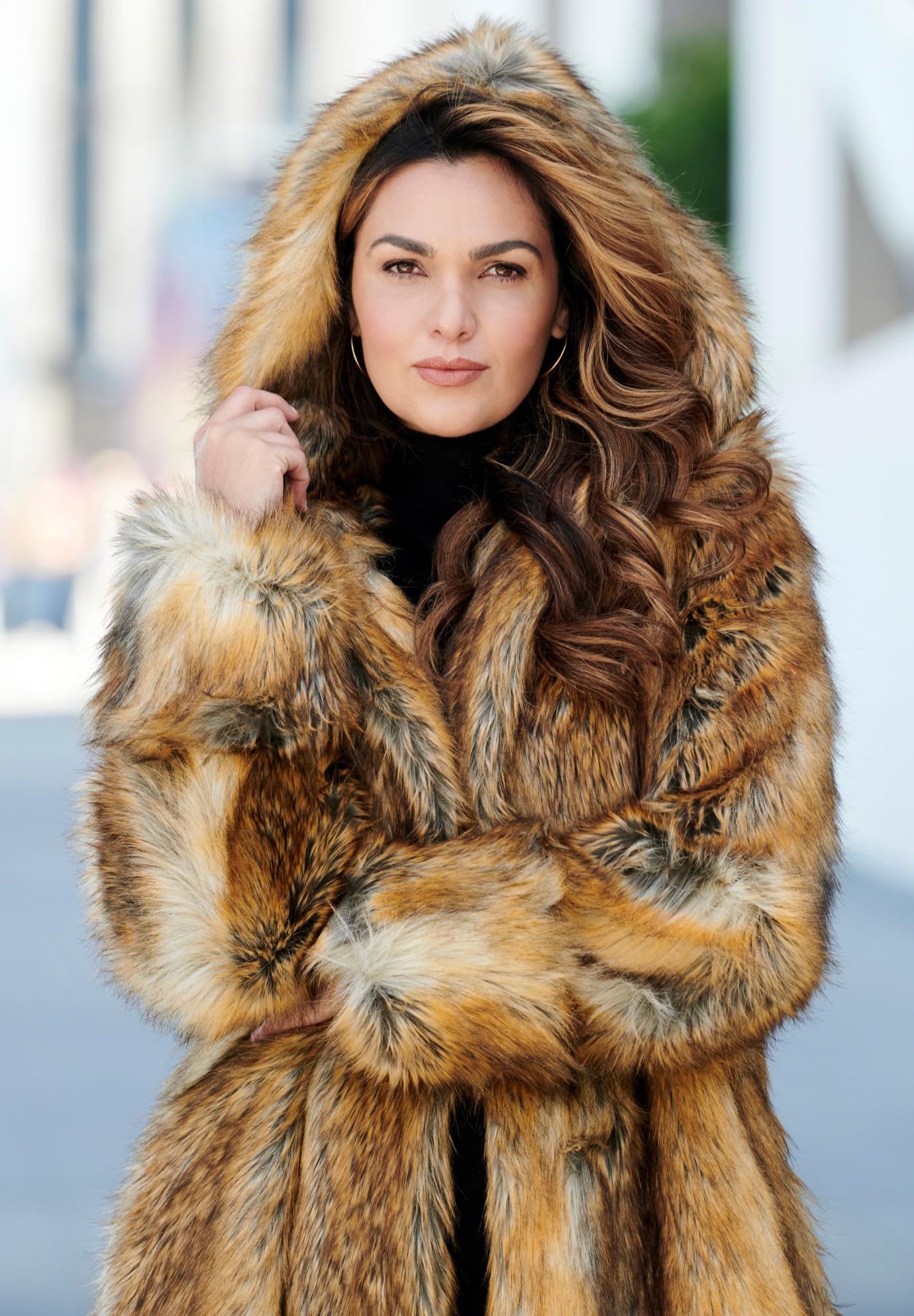 Roaman's Women's Plus Size Hooded Long Faux Fur Coat - Warm Winter Jacket for Casual Outings & Outdoor Activities