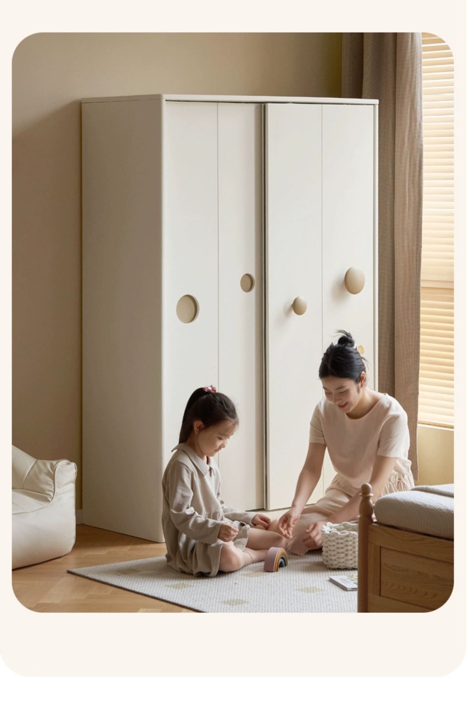 Birch Solid Wood Kids Wardrobe with Cream Sliding Doors - Durable & Stylish Storage for Bedrooms, Playrooms, and Nurseries