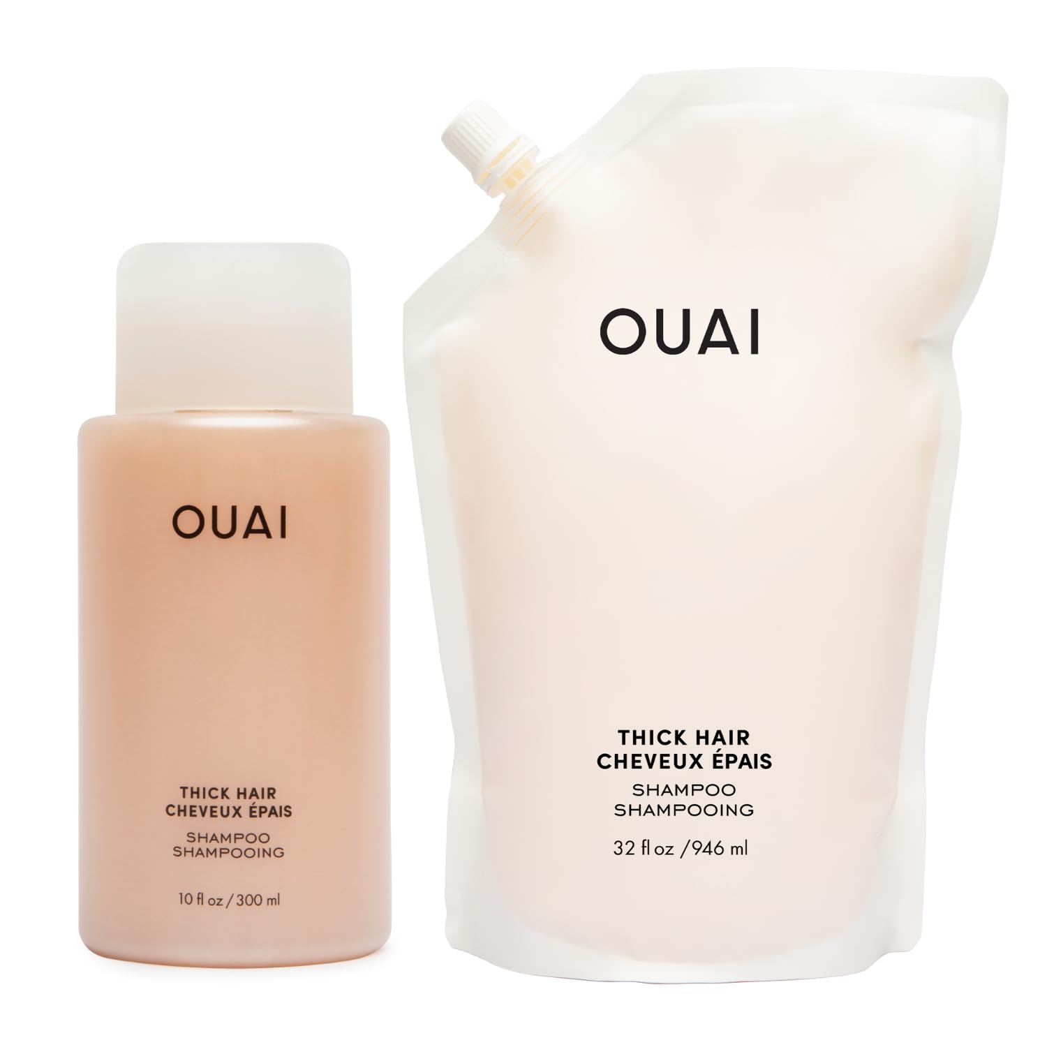 OUAI Thick Shampoo + Refill - Moisturizing Shampoo with Keratin, Marshmallow Root, Shea Butter & Avocado Oil for Thick Hair Care - Strengthens & Hydrates Dry Hair - Sulfate Free Shampoo (2 Count, 10 Oz/32 Oz) - Perfect for Daily Hair Wash & Salon-Quality Treatment at Home