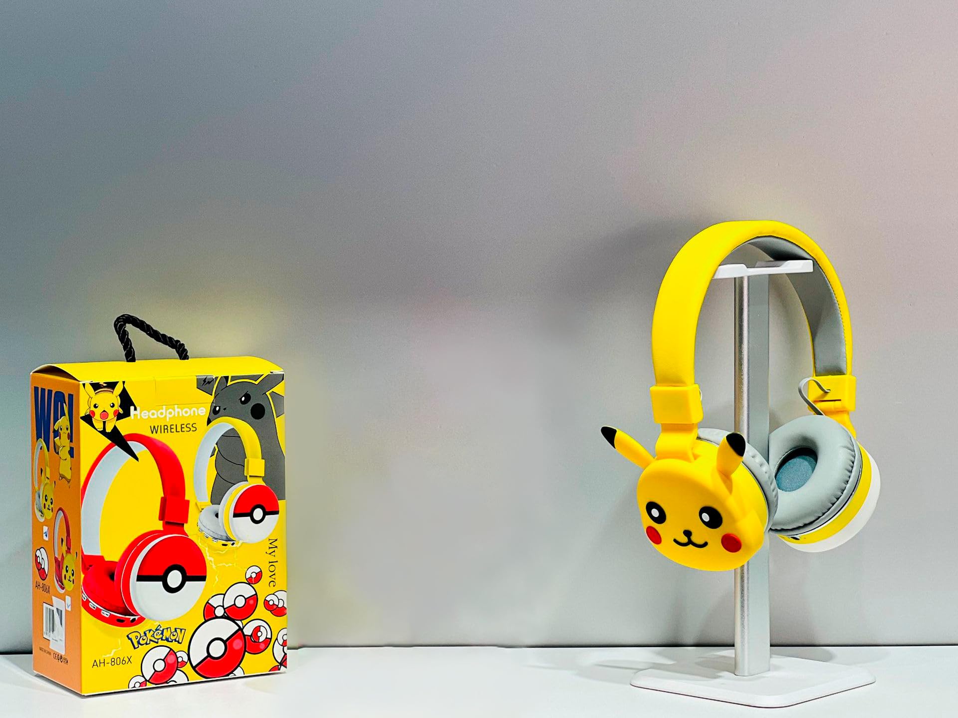 Wireless Kids Headphones with Microphone - Bluetooth 5.0 Noise Cancelling Earphones for Boys & Girls, Cute Pikachu Design (Yellow AH-806D) - Perfect for Online Classes, Gaming & Travel