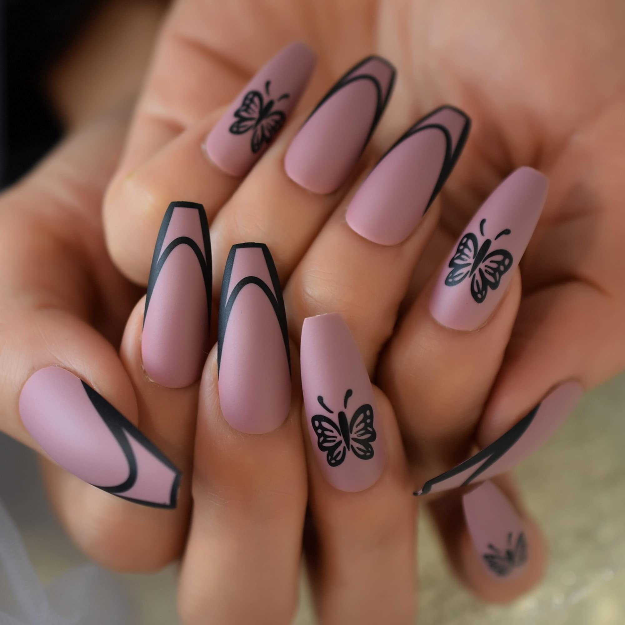 EchiQ Long Ballerina Press On Nails - Matte Butterfly Fake Nails with Decal, Coffin Shape Purple False Nails for Women | Perfect for Parties, Weddings, and Special Occasions