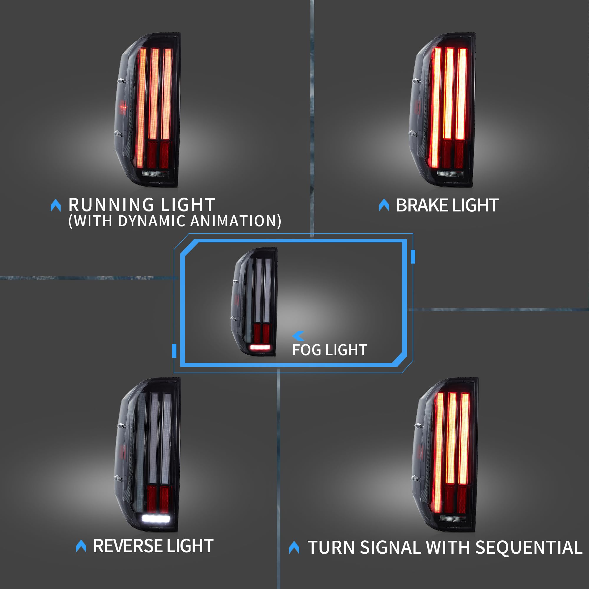 VLAND Smoked LED Tail Lights for 2014-2021 Toyota Tundra (2nd Gen) - Dynamic Animation Sequential Turn Signals, Red Lens, Driver & Passenger Side - Upgrade Your Truck's Rear Style for Night Driving & Custom Look
