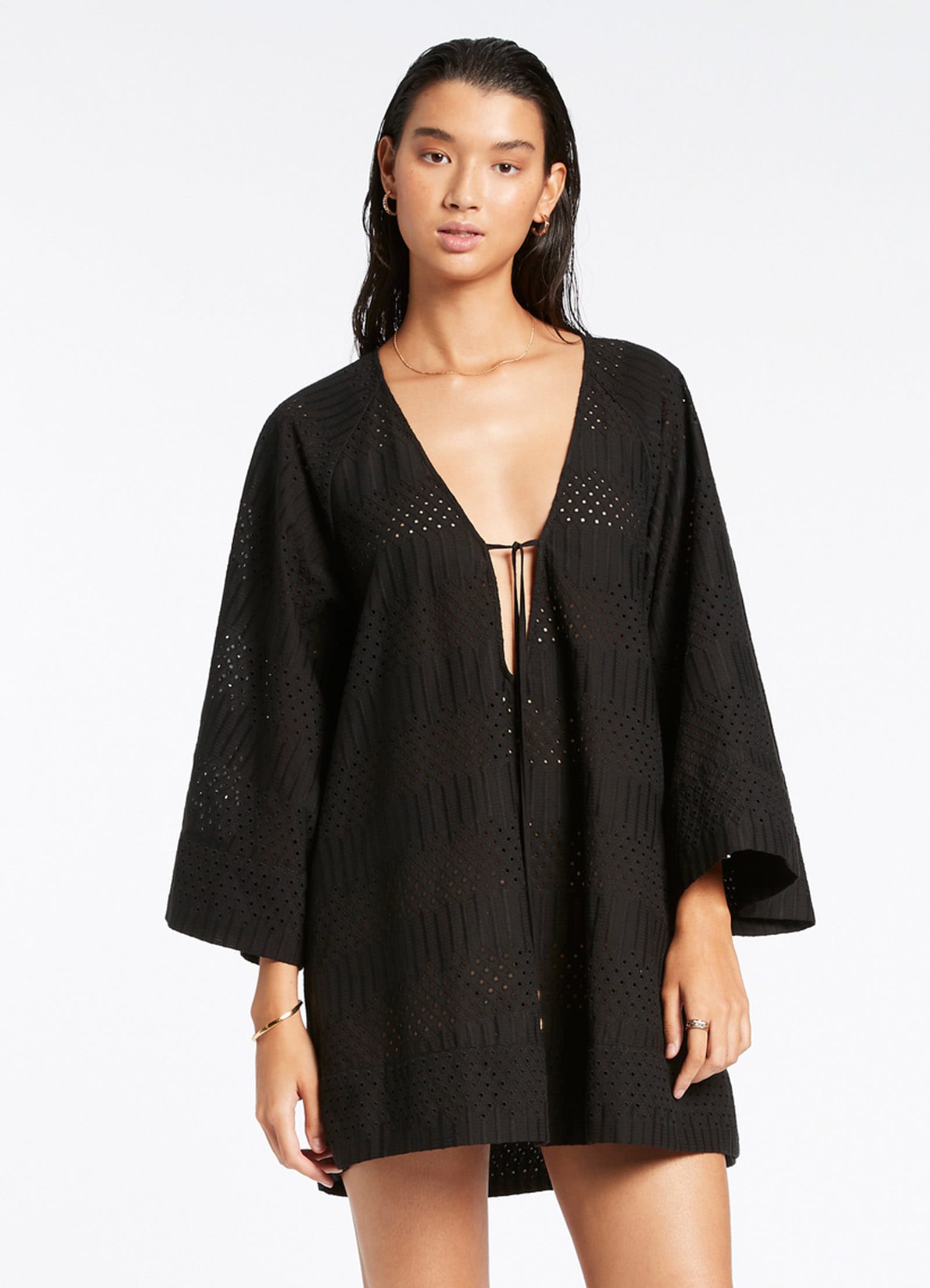 Elegant Black Broderie Kaftan Dress - Boho Chic Embroidered Maxi Dress for Women - Perfect for Beach Cover Up, Summer Vacation & Boho Fashion