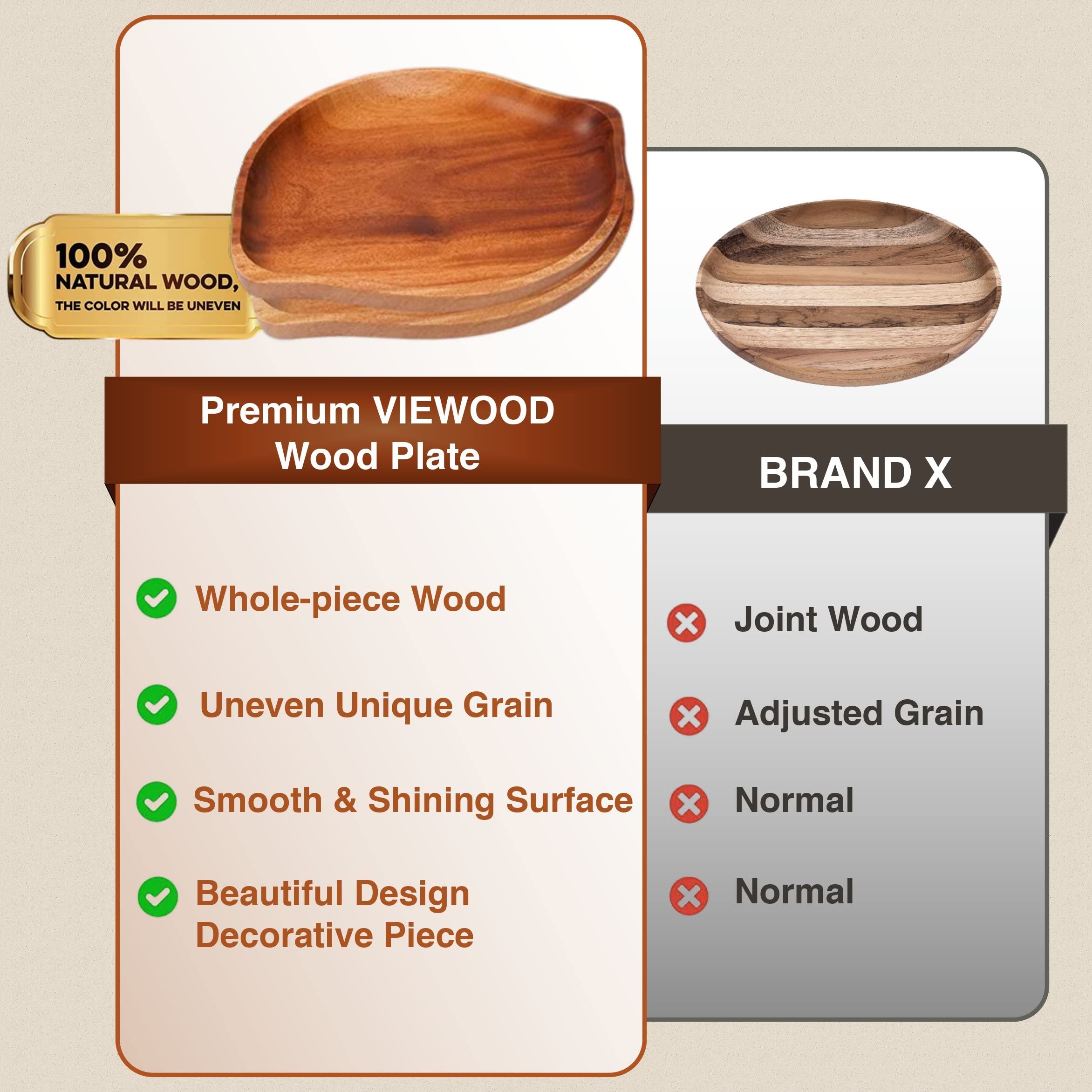 Premium Unbreakable Leaf-Shaped Wooden Plates Set of 4 - Khaya Wood Appetizer & Dessert Plates (9.4